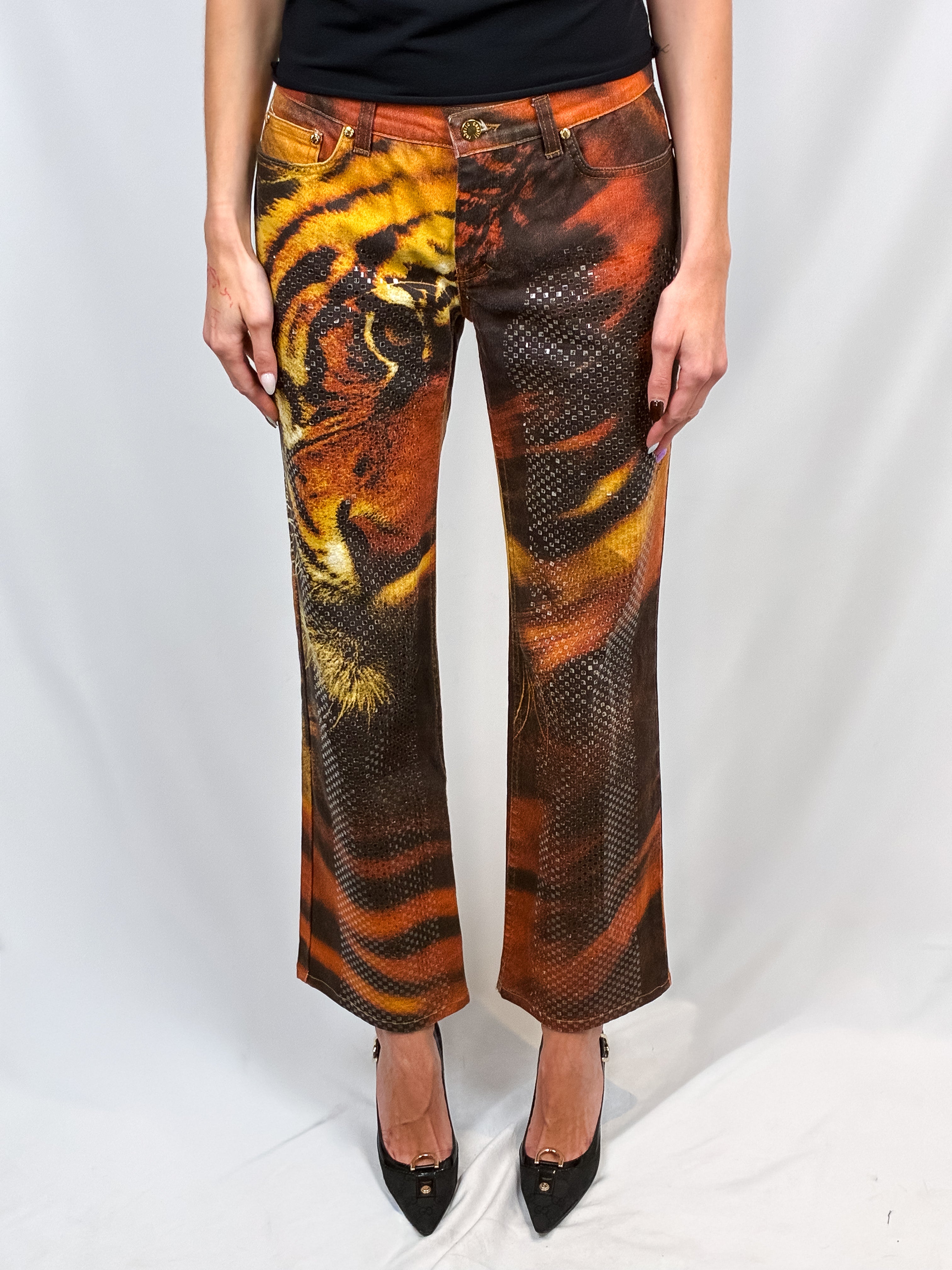Roberto Cavalli FW 2000 Crystal Embellished Tiger Print Jeans - W28/29