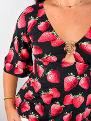 Roberto Cavalli Beachwear 2000s Black Strawberry Print Bell Sleeve Top - S/M