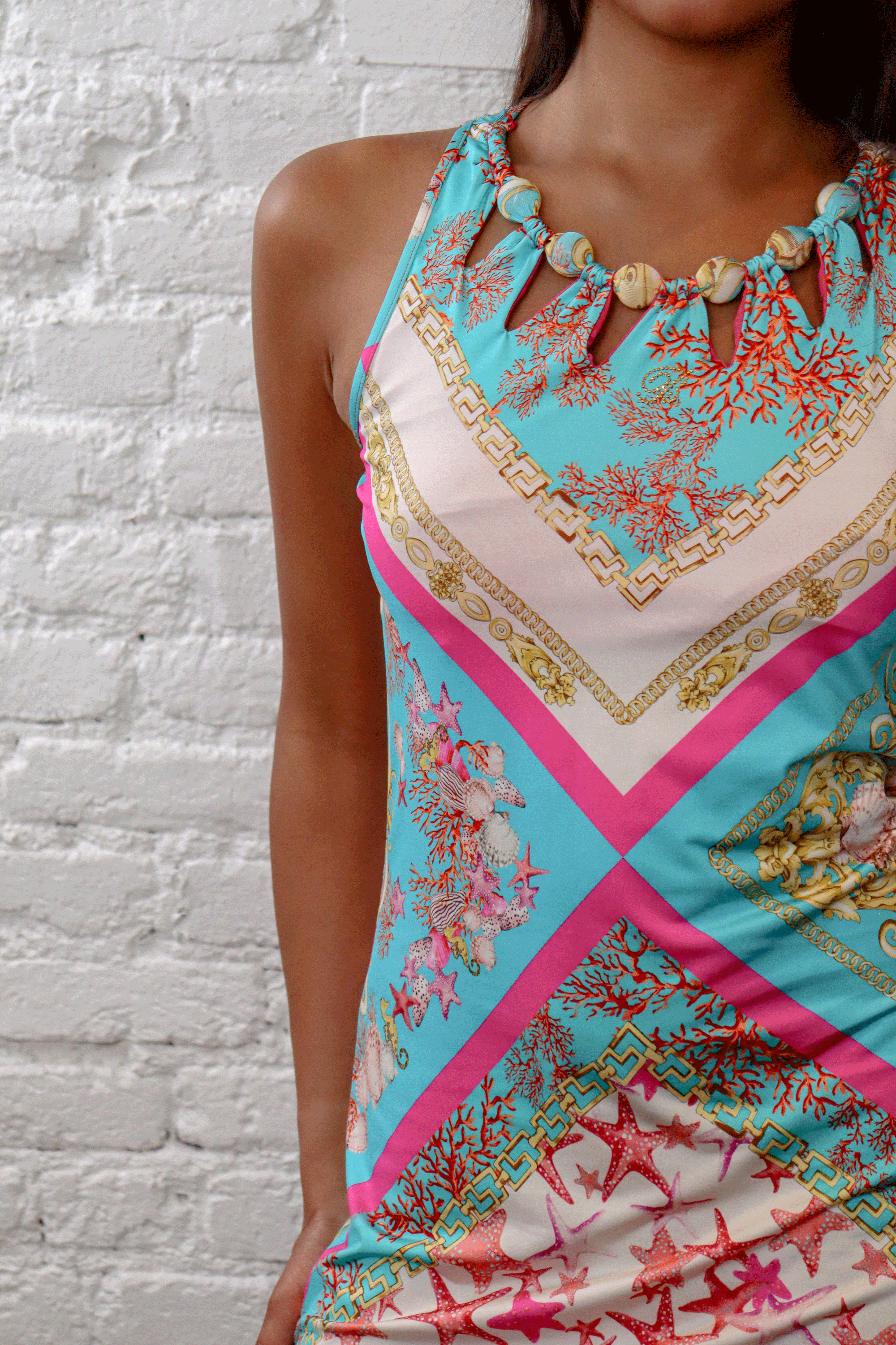 Blumarine Beachwear Beaded Coral Print Mini Dress