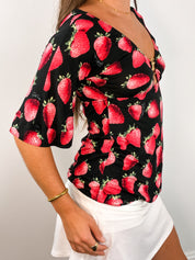 Roberto Cavalli Beachwear 2000s Black Strawberry Print Bell Sleeve Top - S/M