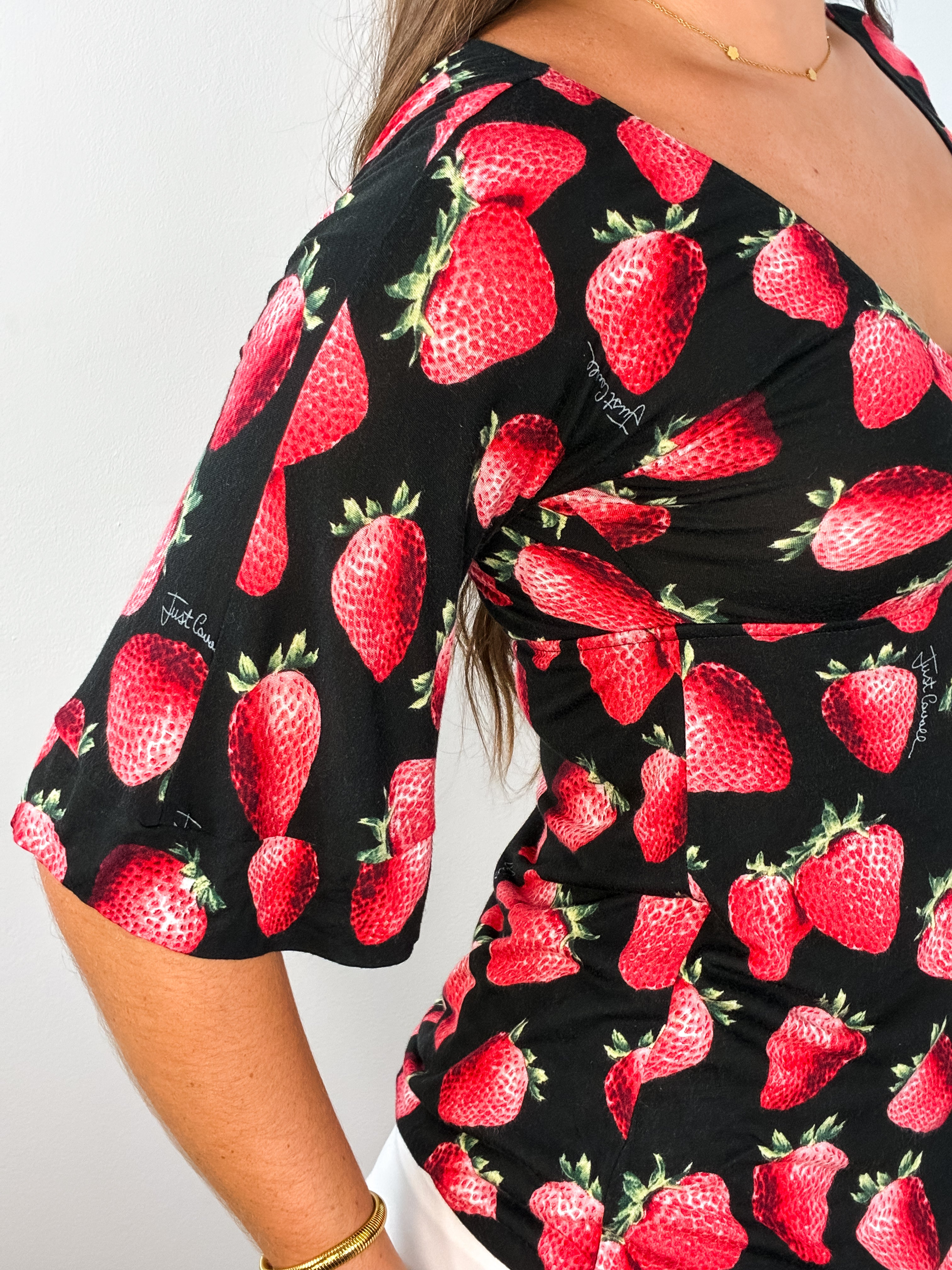 Roberto Cavalli Beachwear 2000s Black Strawberry Print Bell Sleeve Top - S/M