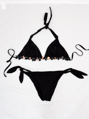 Pin-Up Stars 2000s Black Shell and Flower Trim Triangle Bikini Set - M/L