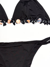 Pin-Up Stars 2000s Black Shell and Flower Trim Triangle Bikini Set - M/L