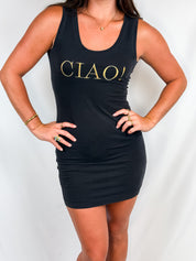 Moschino Cheap and Chic 2000s Black CIAO! Gold Embroidered Bodycon Mini Dress - S/M