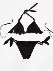 Pin-Up Stars 2000s Black Shell and Flower Trim Triangle Bikini Set - M/L
