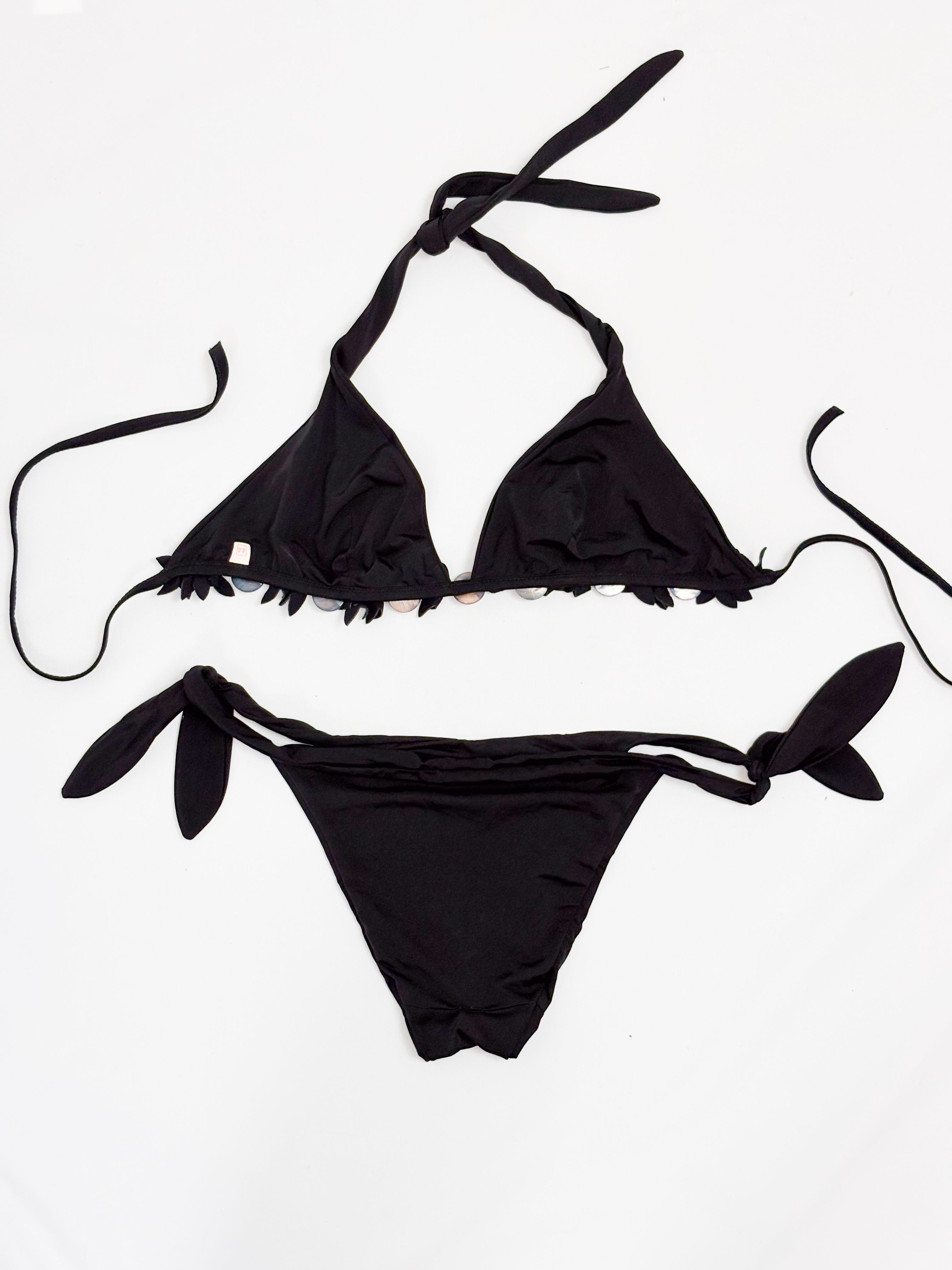 Pin-Up Stars 2000s Black Shell and Flower Trim Triangle Bikini Set - M/L