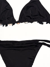 Pin-Up Stars 2000s Black Shell and Flower Trim Triangle Bikini Set - M/L