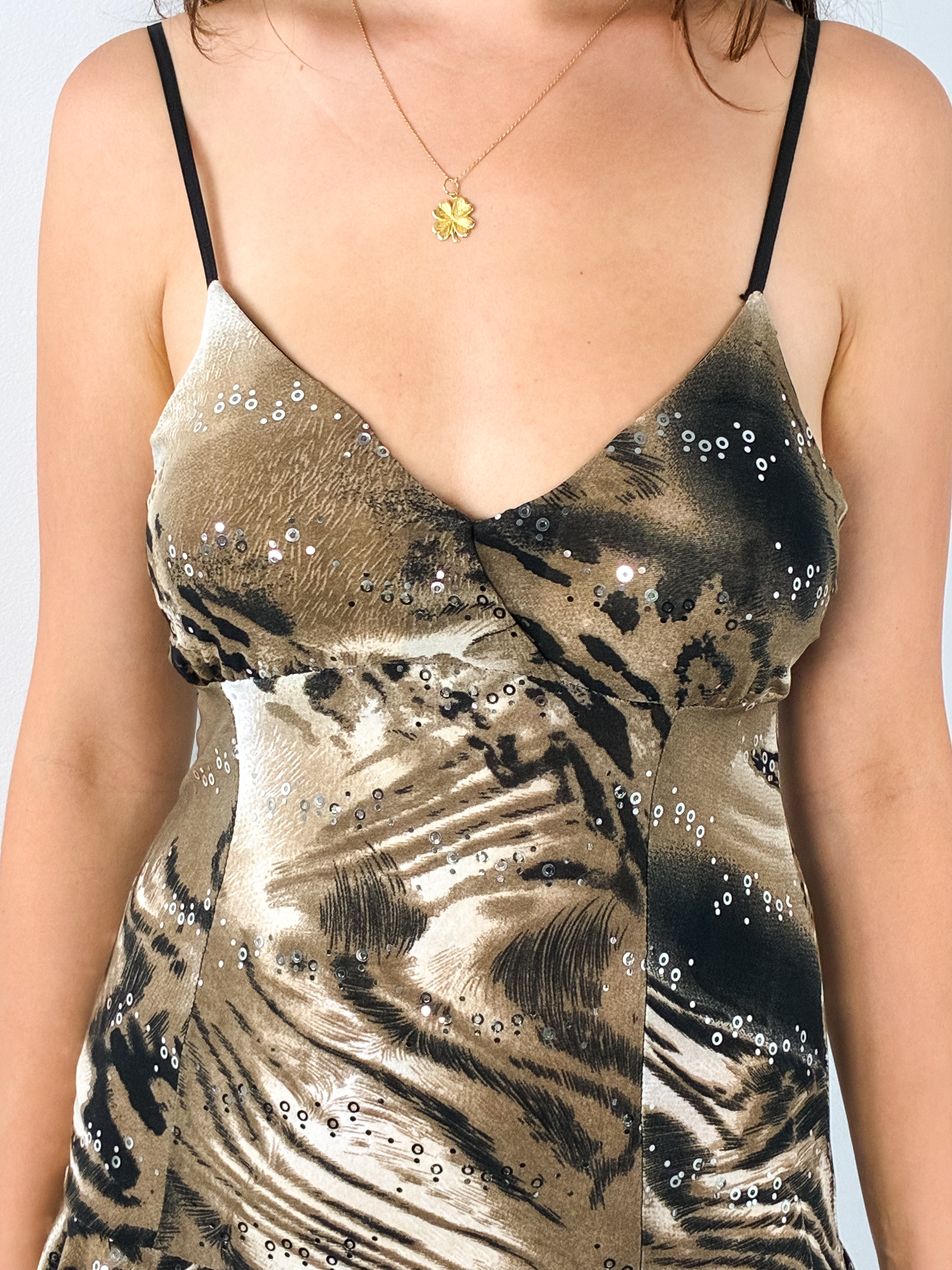 2000s Animal Print Sequin Mesh Handkerchief Mini Dress - S/M