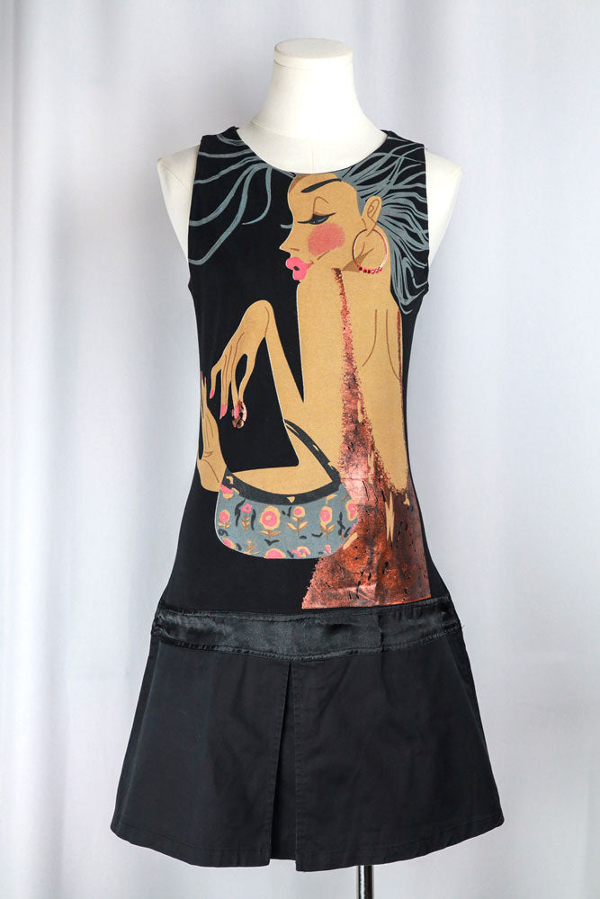 Custo Barcelona 2000s Drop Waist Mini Dress Woman Graphic with Purse