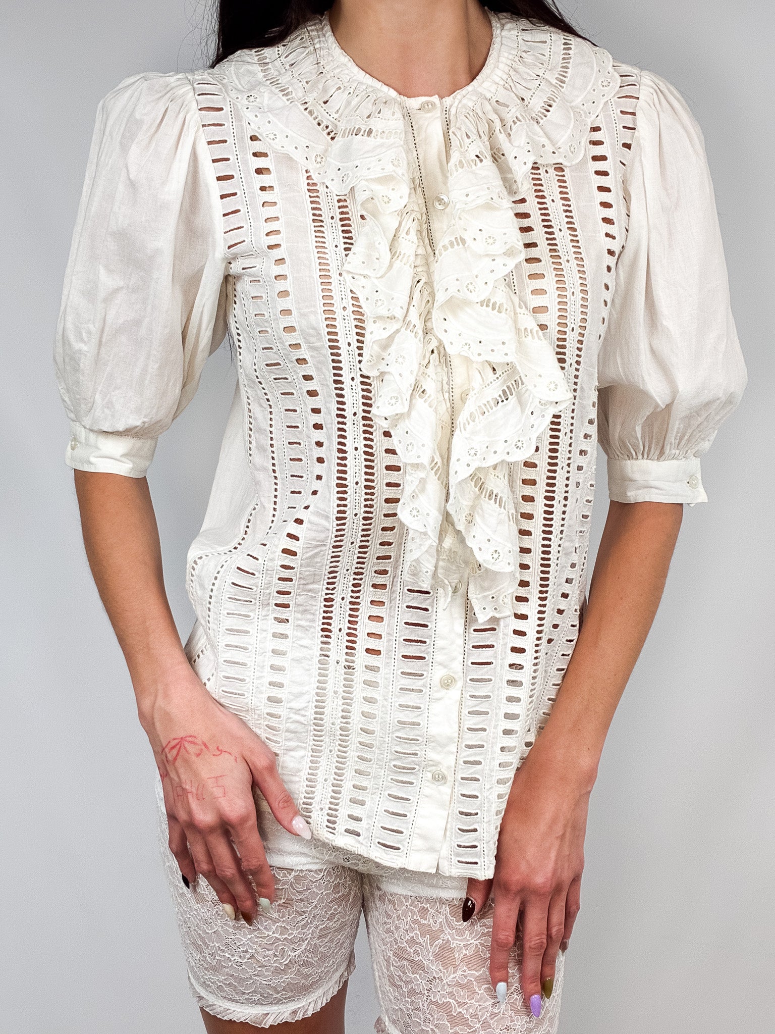 Blumarine White Ruffled Crochet Blouse - S/M