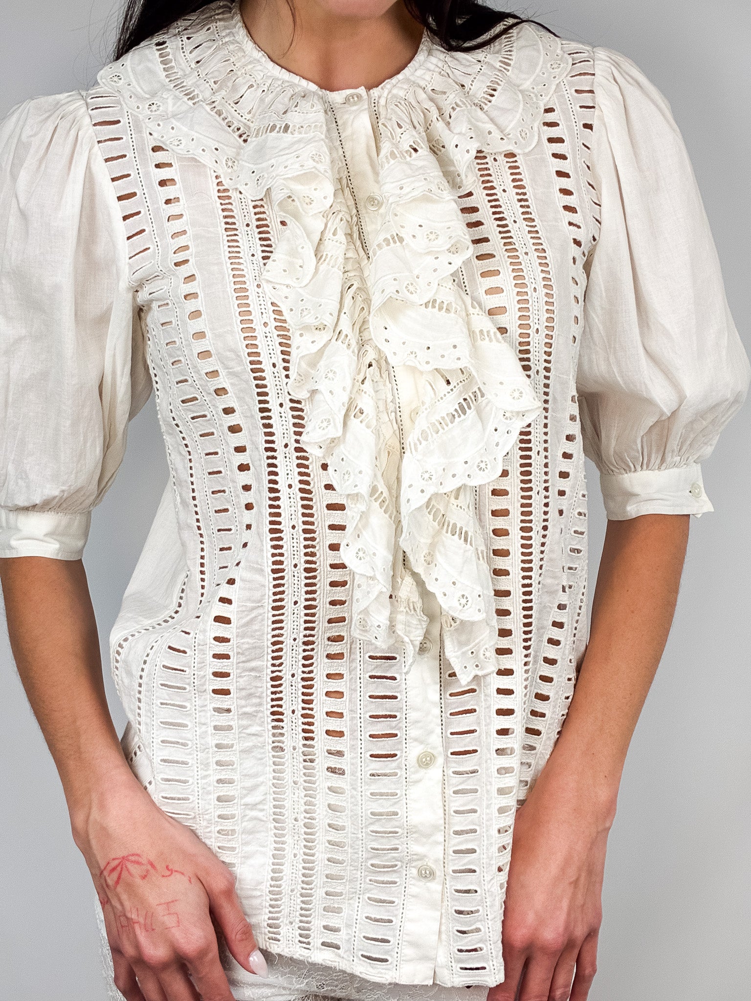 Blumarine White Ruffled Crochet Blouse - S/M