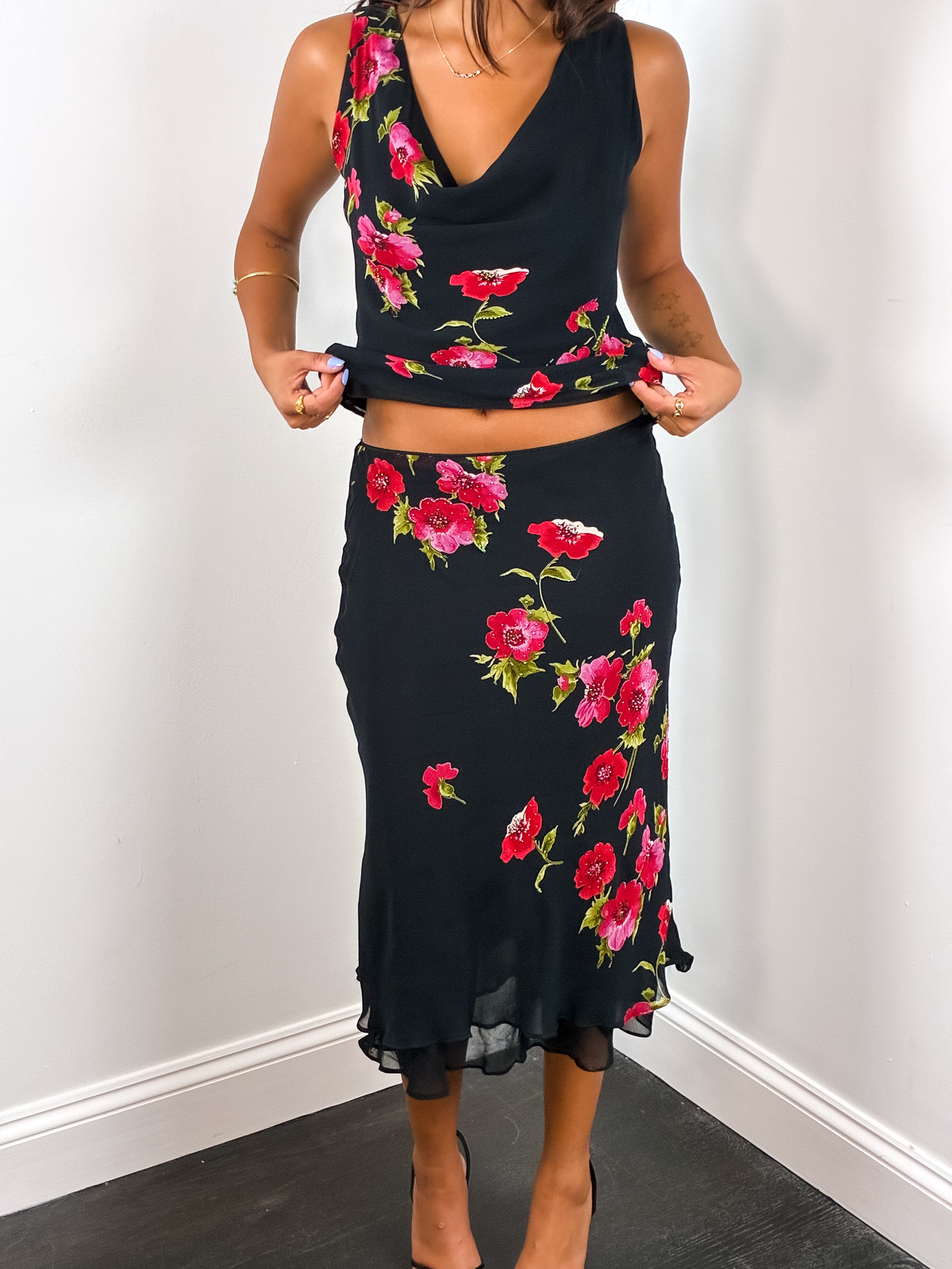 René Derhy Collection 2000s Black Floral Print Top & Skirt Set - S