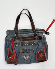 Moschino Jeans 2000s Denim & Leather Studded Spellout Tote Bag