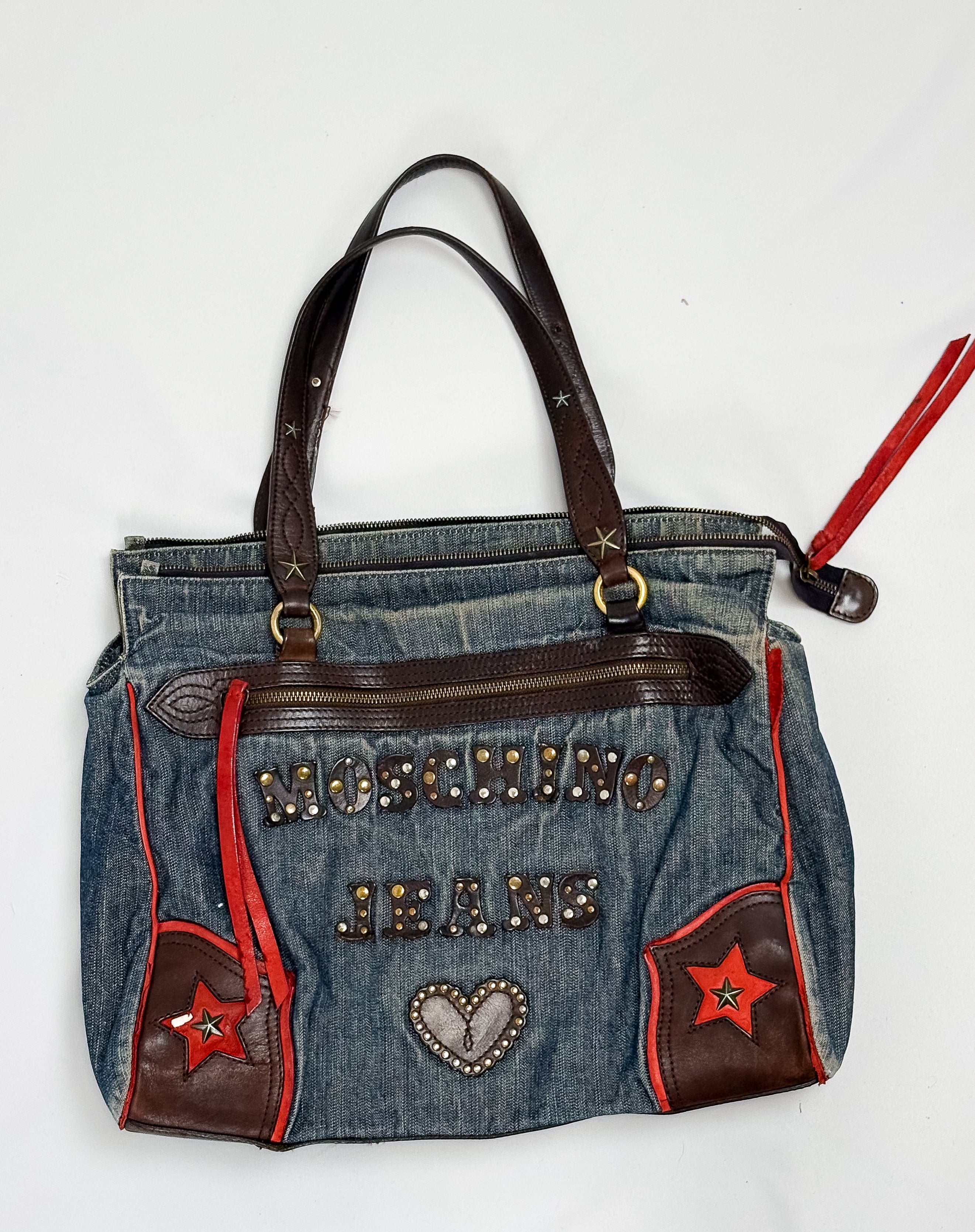 Moschino Jeans 2000s Denim & Leather Studded Spellout Tote Bag