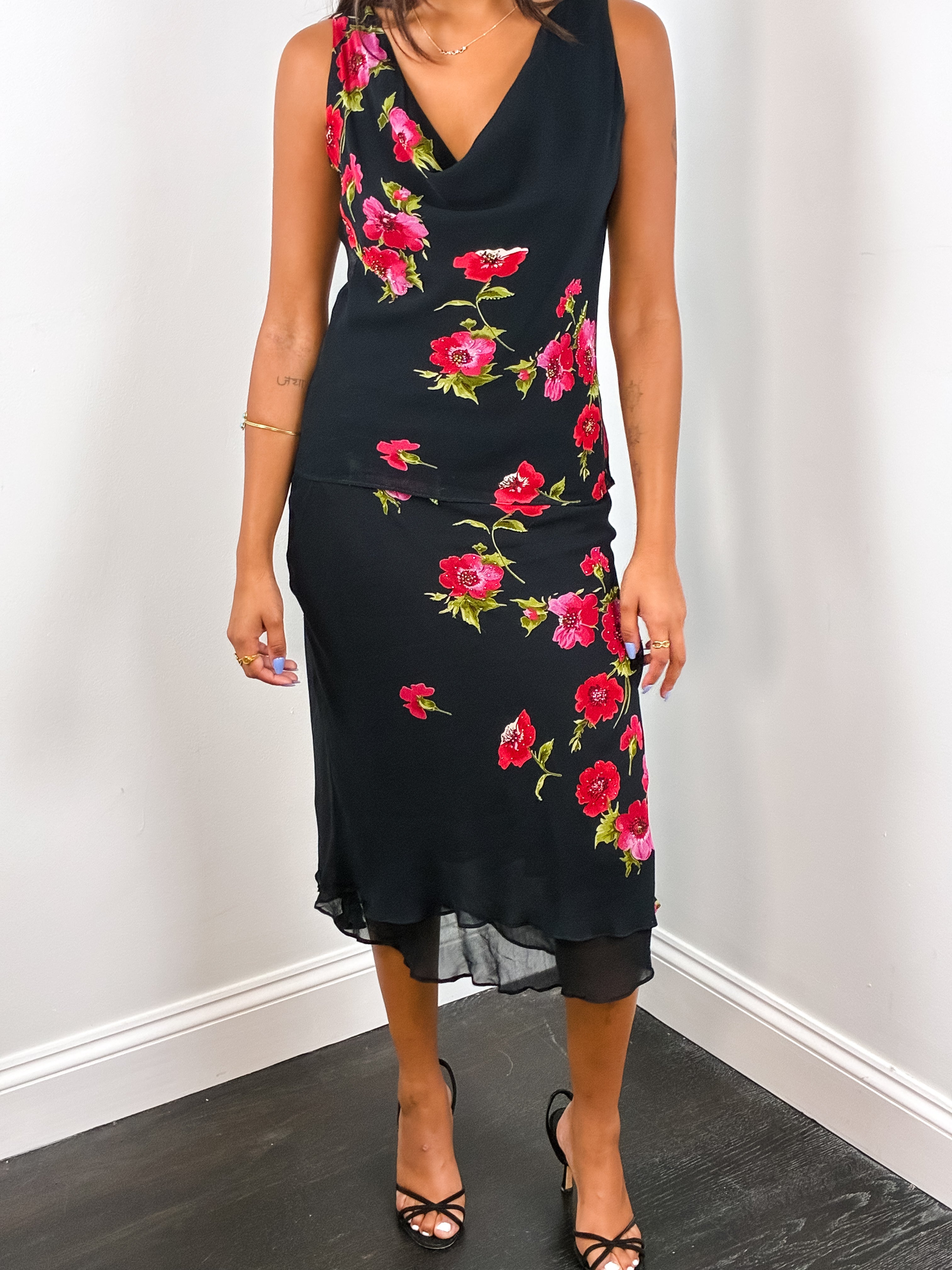 René Derhy Collection 2000s Black Floral Print Top & Skirt Set - S