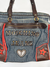 Moschino Jeans 2000s Denim & Leather Studded Spellout Tote Bag