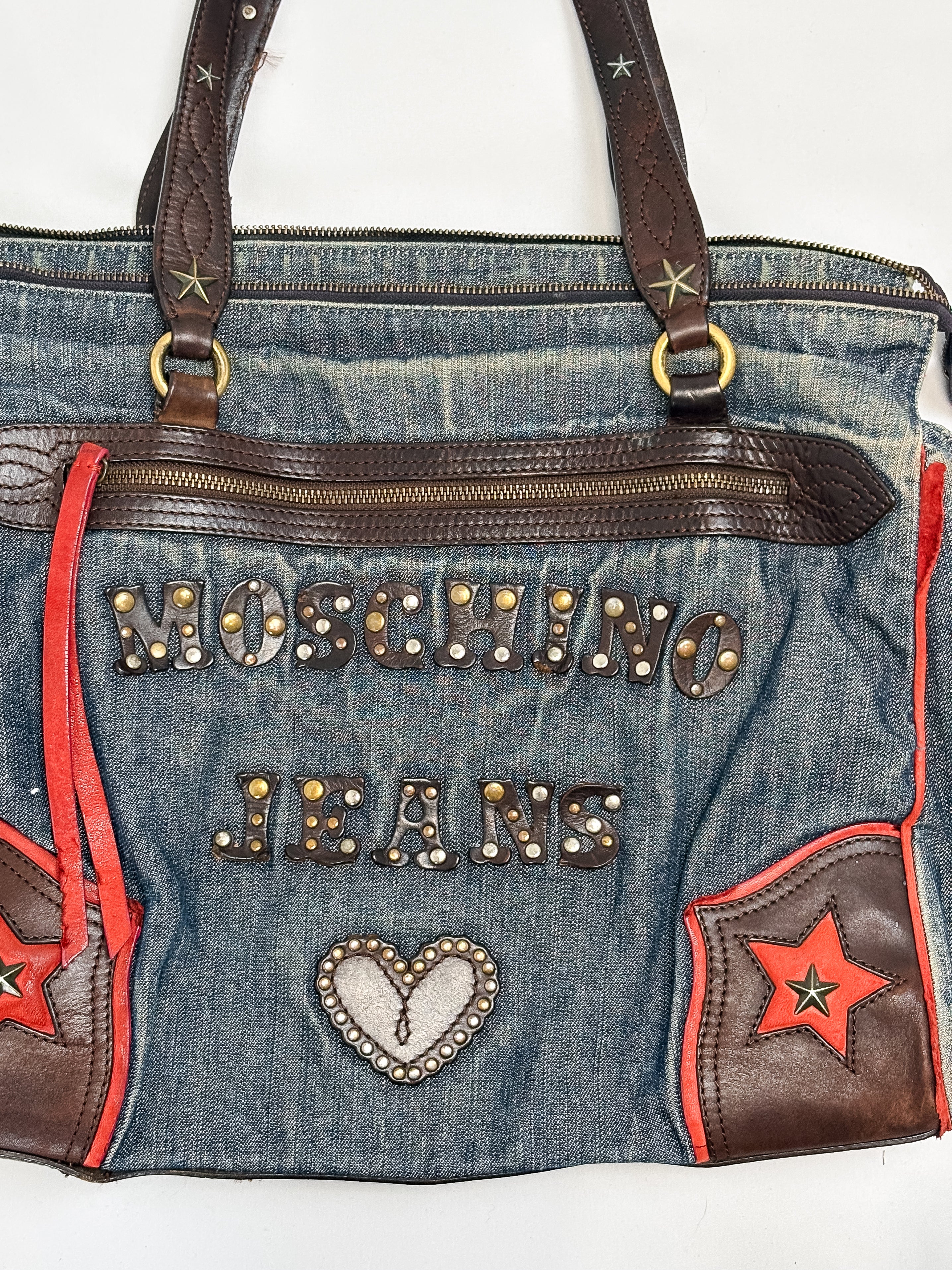 Moschino Jeans 2000s Denim & Leather Studded Spellout Tote Bag