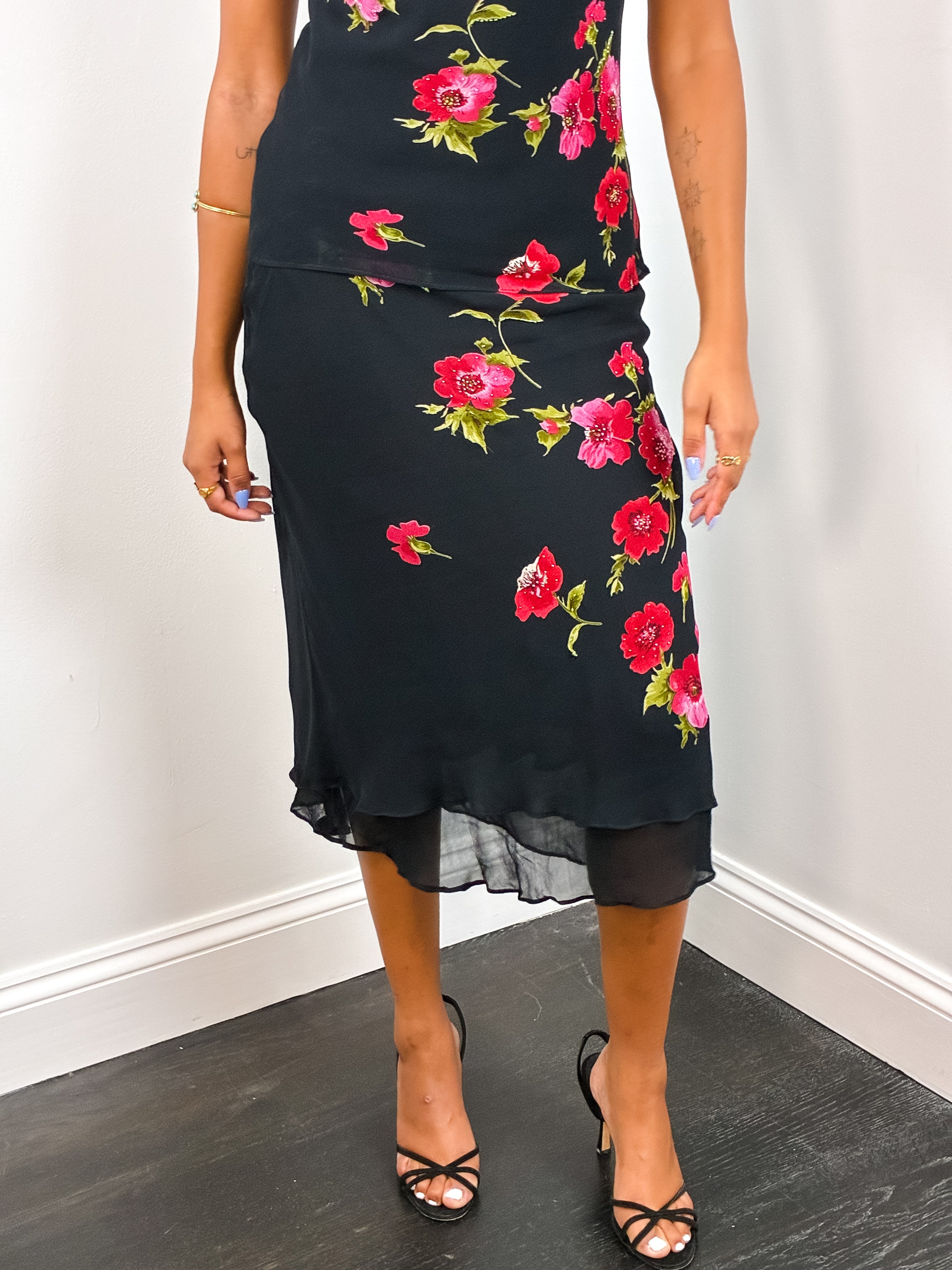 René Derhy Collection 2000s Black Floral Print Top & Skirt Set - S