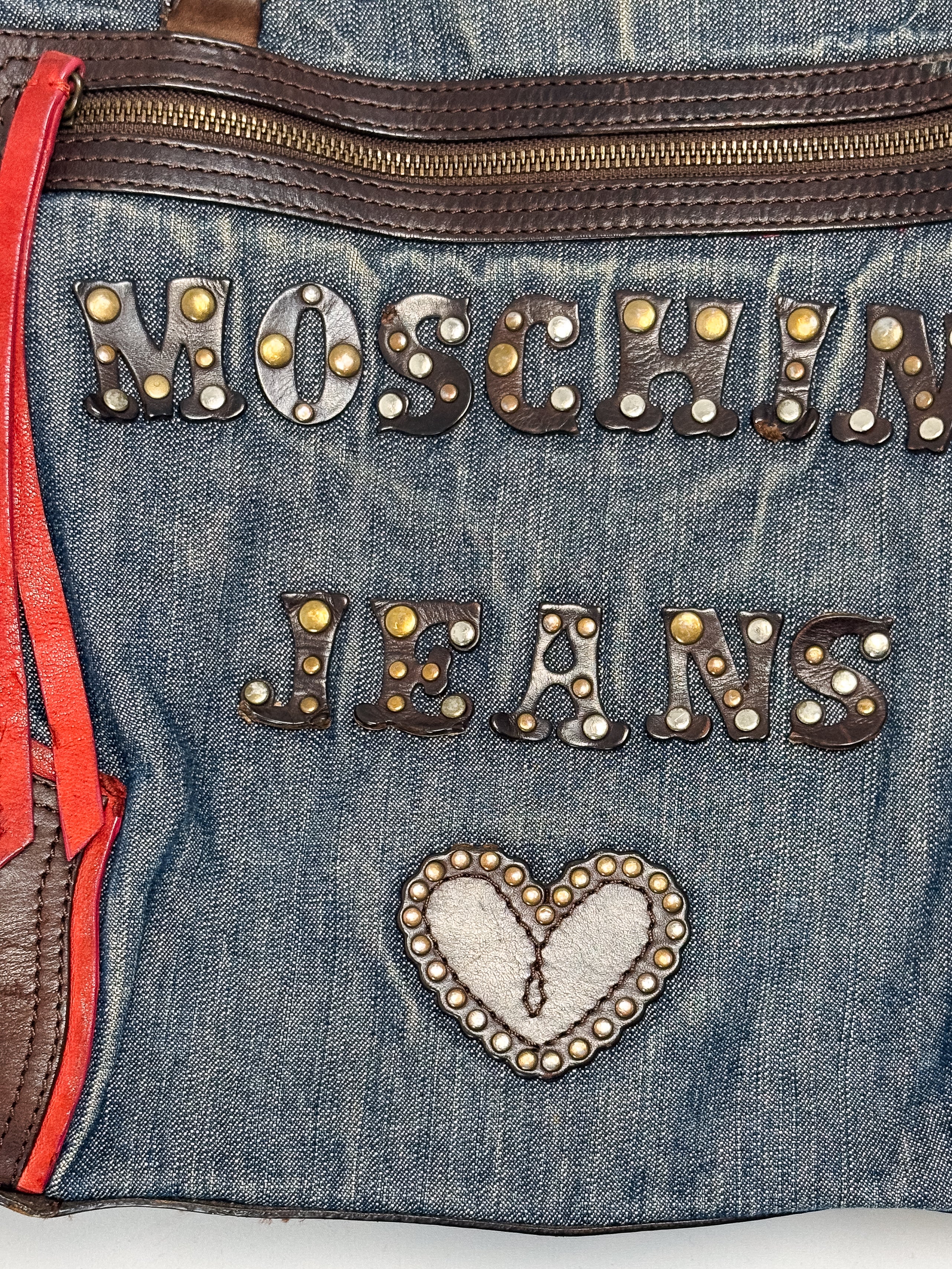 Moschino Jeans 2000s Denim & Leather Studded Spellout Tote Bag