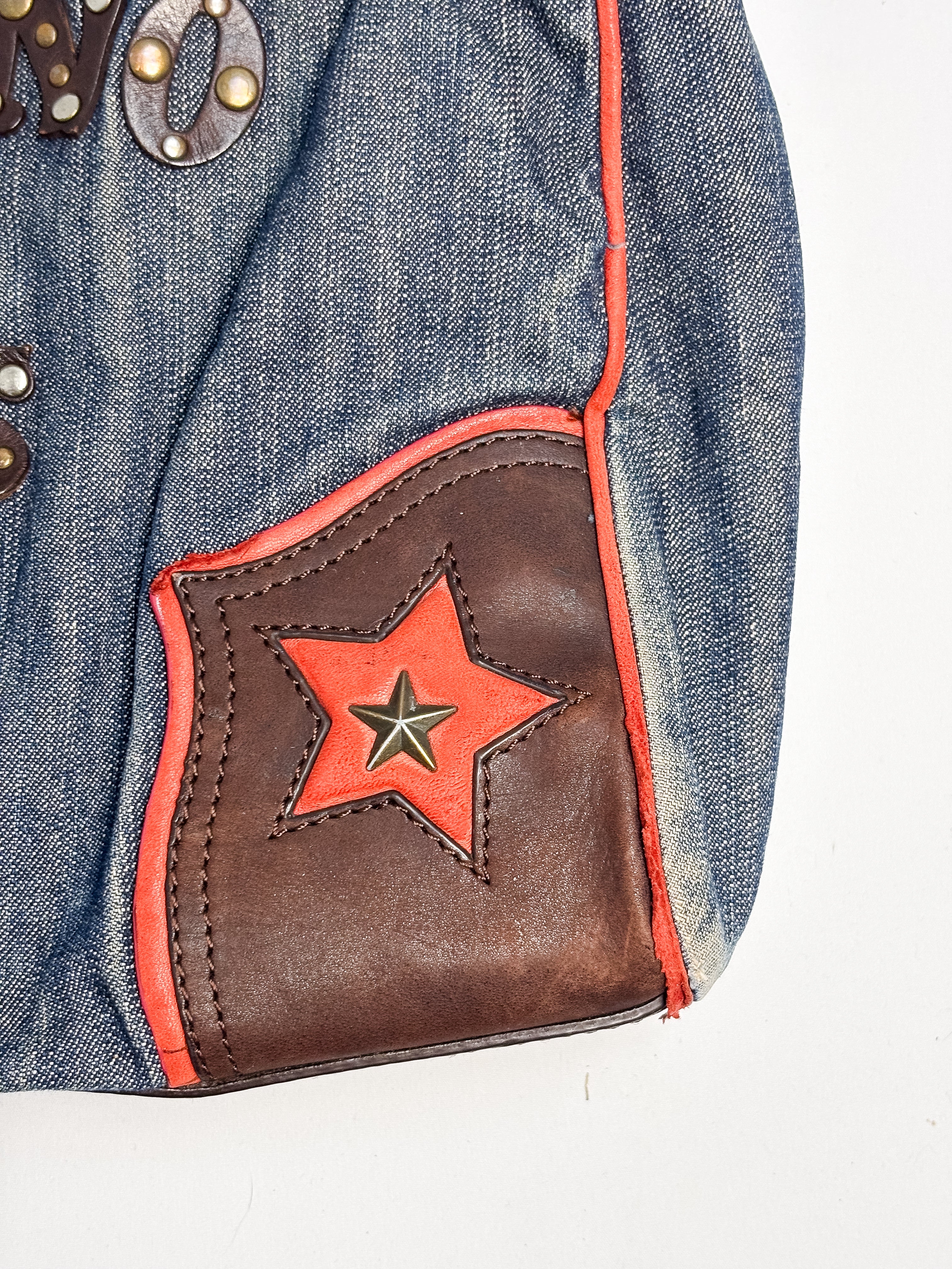Moschino Jeans 2000s Denim & Leather Studded Spellout Tote Bag