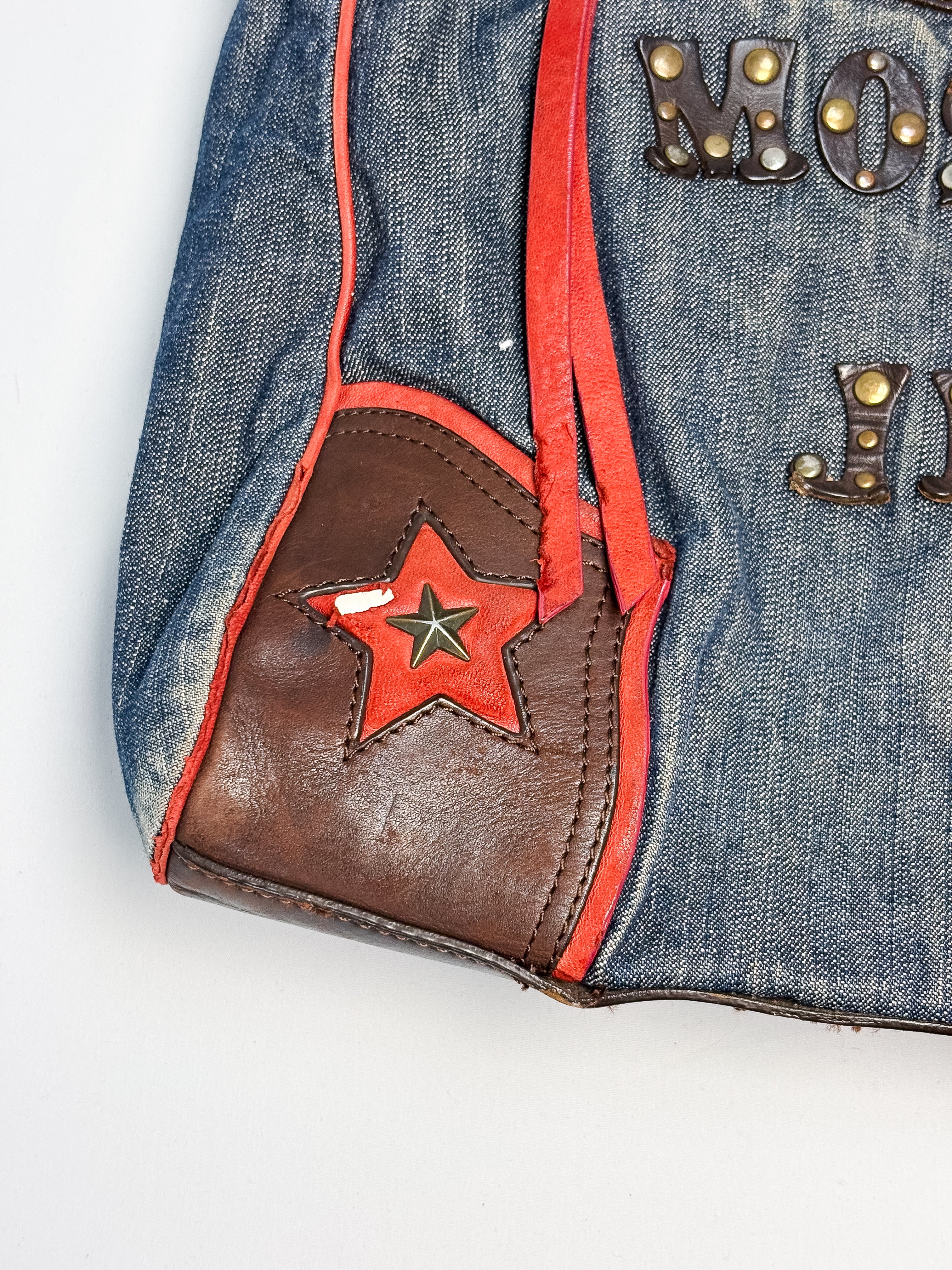 Moschino Jeans 2000s Denim & Leather Studded Spellout Tote Bag