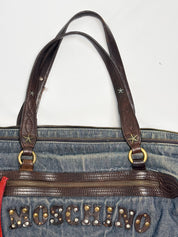 Moschino Jeans 2000s Denim & Leather Studded Spellout Tote Bag