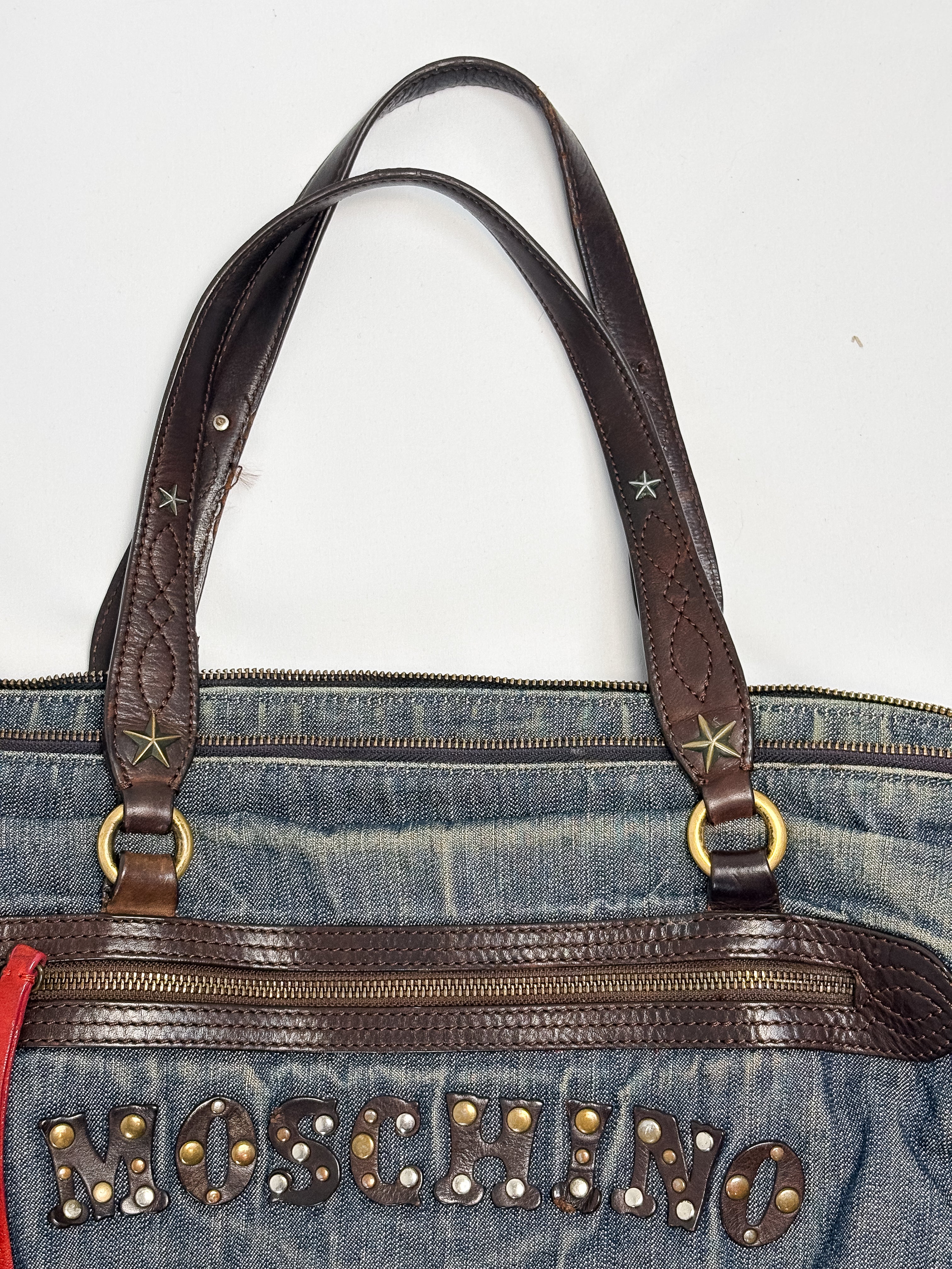 Moschino Jeans 2000s Denim & Leather Studded Spellout Tote Bag