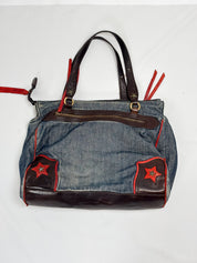 Moschino Jeans 2000s Denim & Leather Studded Spellout Tote Bag