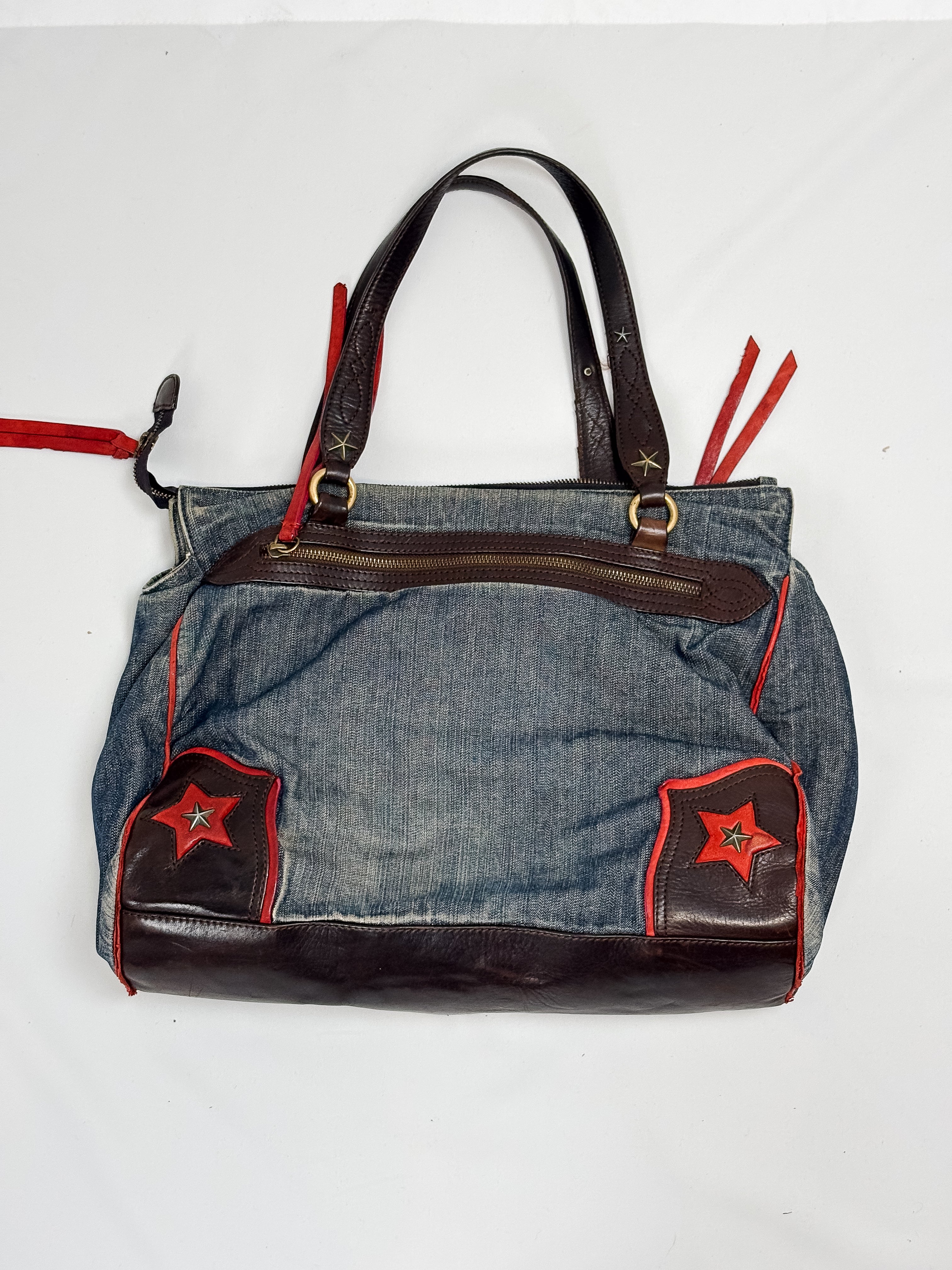Moschino Jeans 2000s Denim & Leather Studded Spellout Tote Bag
