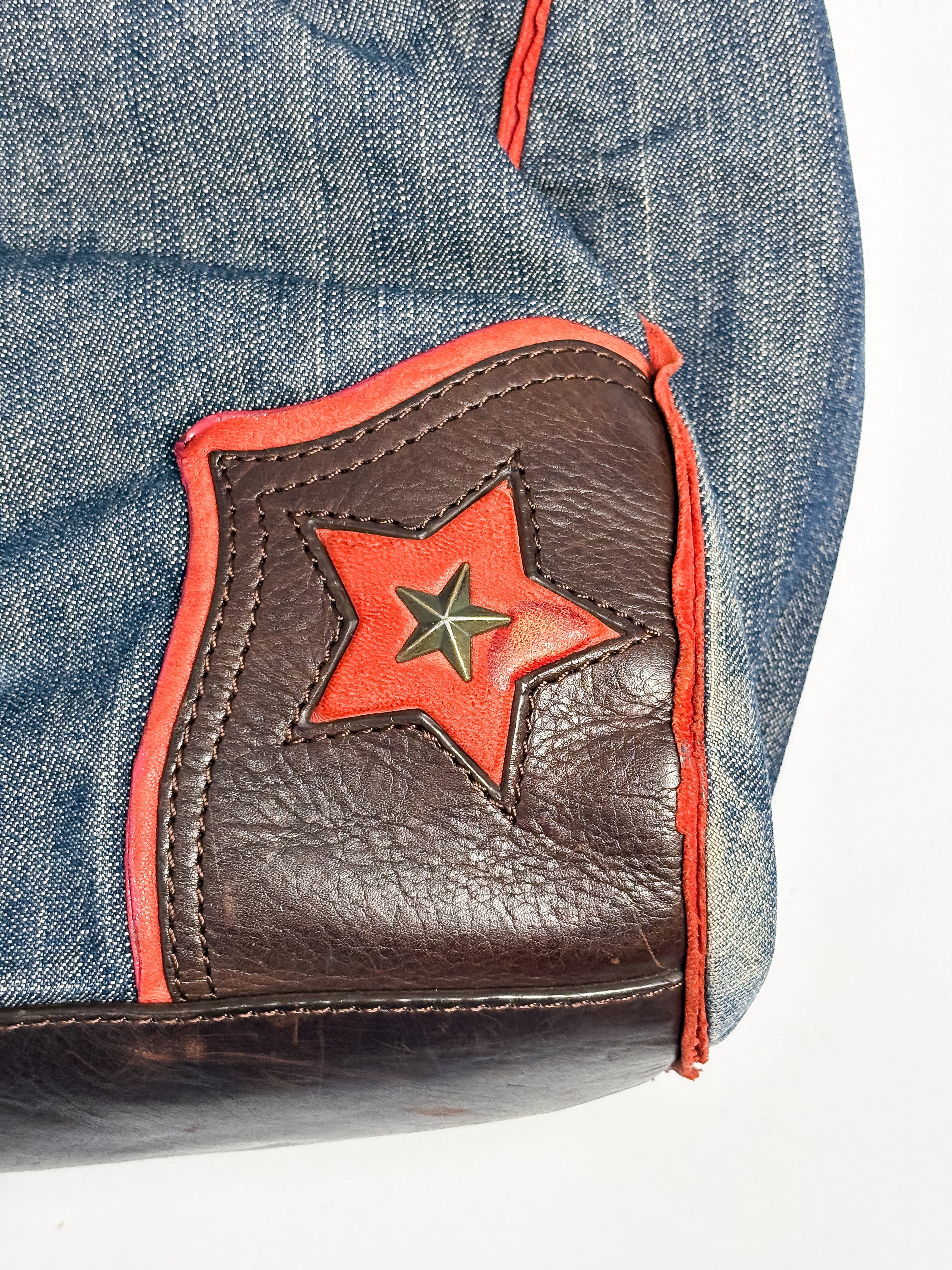 Moschino Jeans 2000s Denim & Leather Studded Spellout Tote Bag