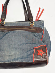 Moschino Jeans 2000s Denim & Leather Studded Spellout Tote Bag