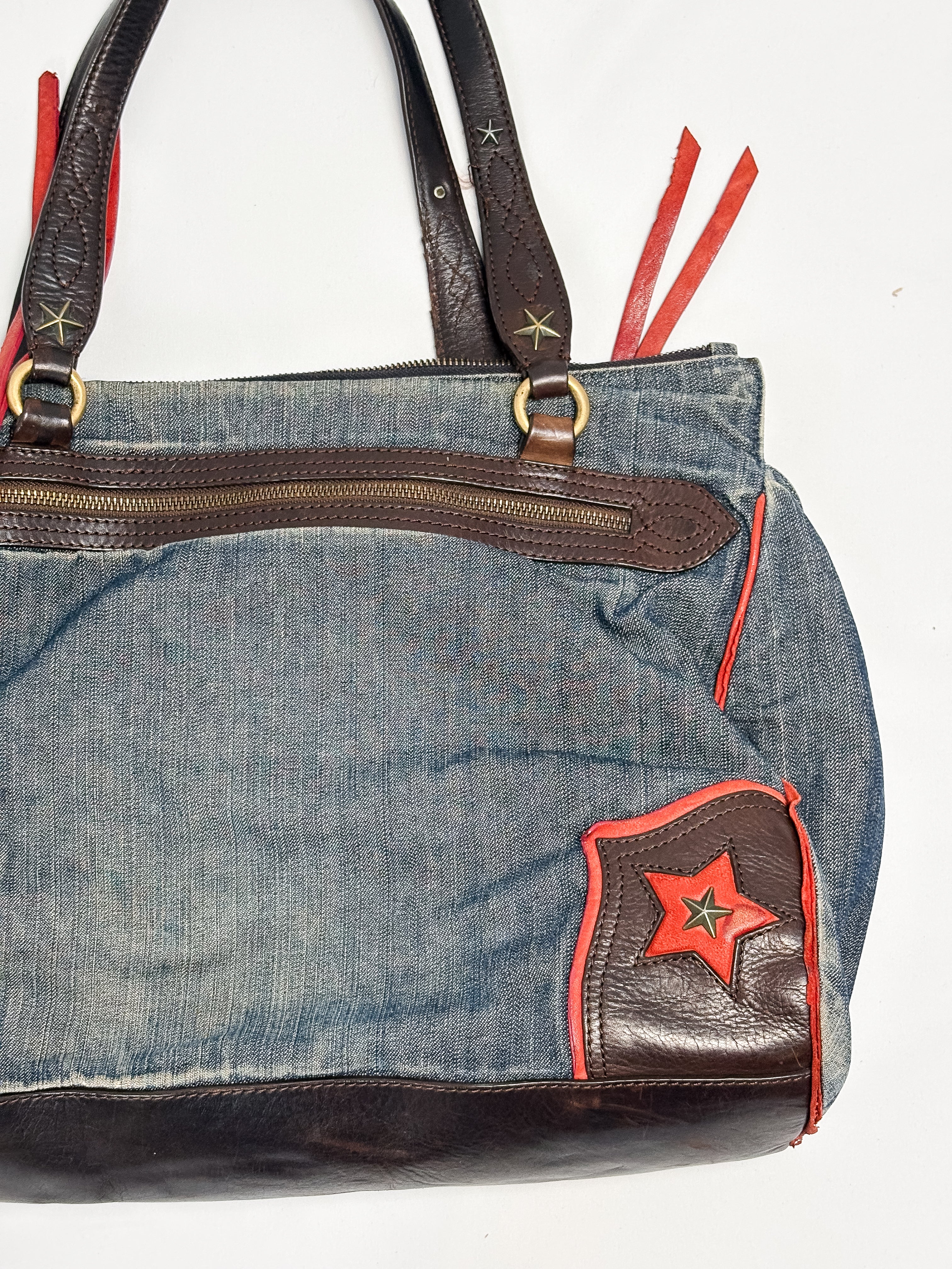 Moschino Jeans 2000s Denim & Leather Studded Spellout Tote Bag