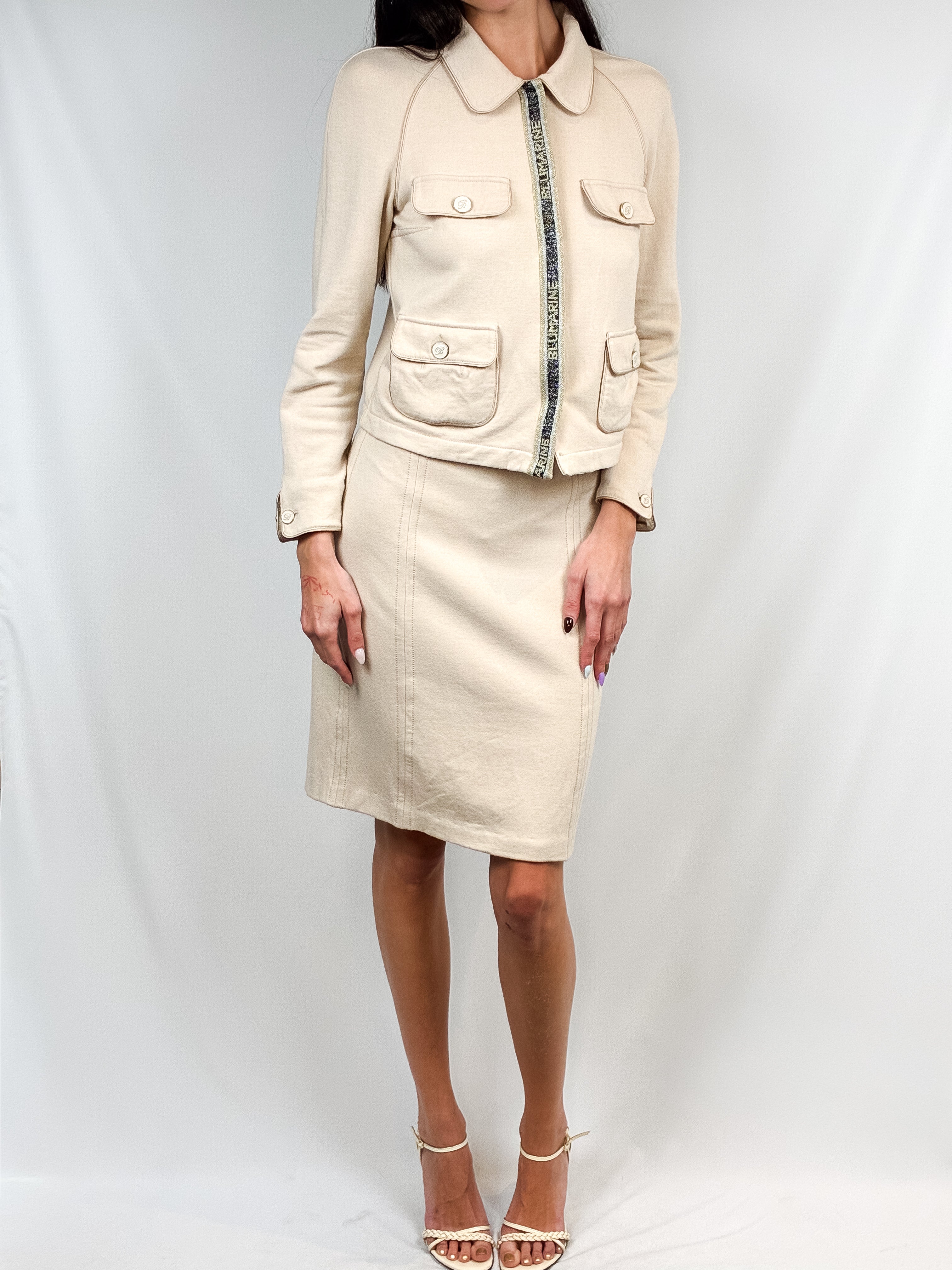 Blumarine 2000s Cream Cashmere-Blend Logo Tape Jacket & Skirt Set - S/M