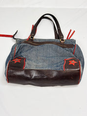 Moschino Jeans 2000s Denim & Leather Studded Spellout Tote Bag