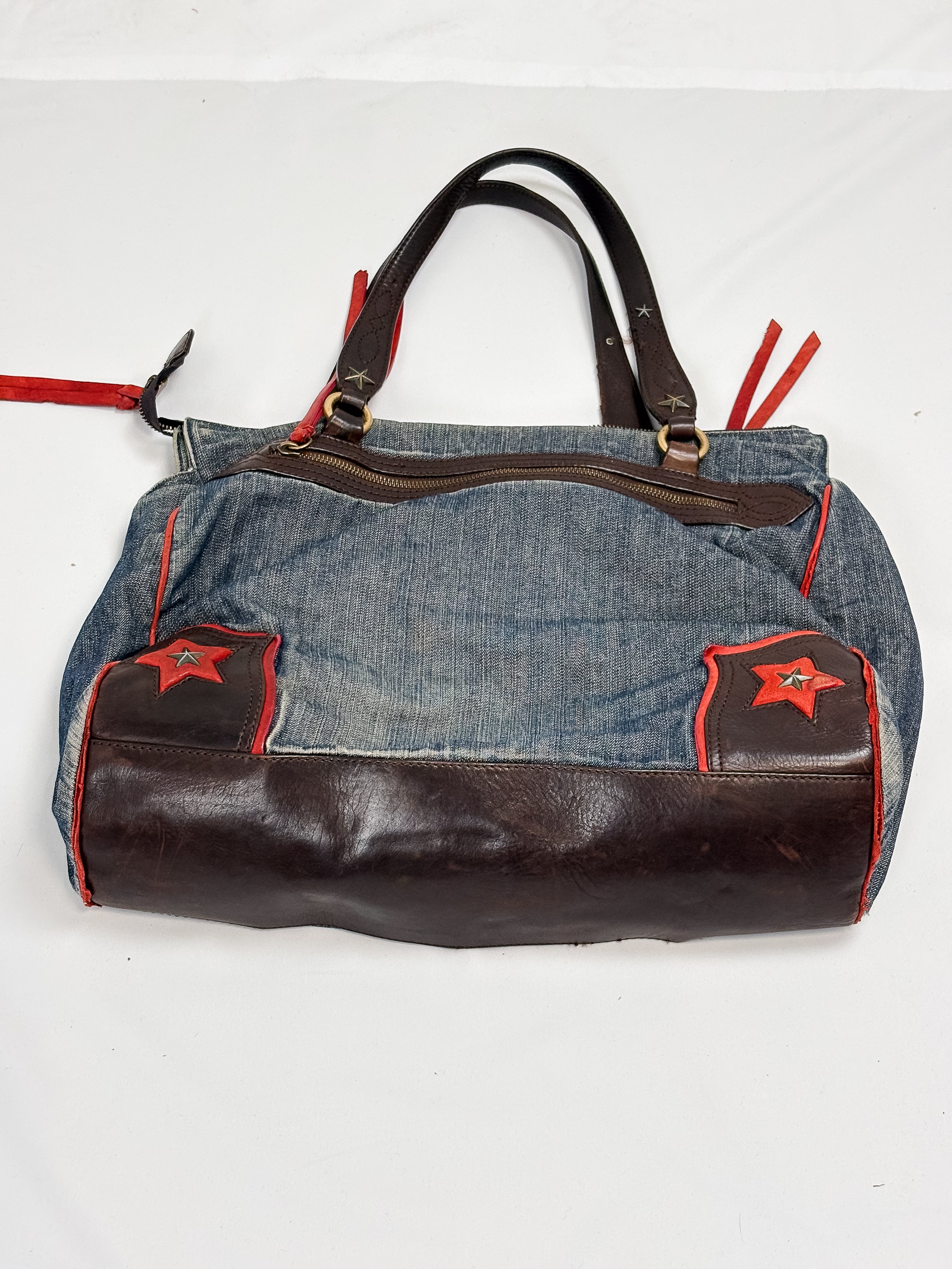 Moschino Jeans 2000s Denim & Leather Studded Spellout Tote Bag