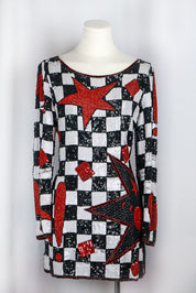 Ella Singh for Escada 1990s Couture Limited Edition Sequin Star and Checkered Cocktail Dress