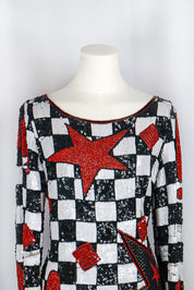 Ella Singh for Escada 1990s Couture Limited Edition Sequin Star and Checkered Cocktail Dress