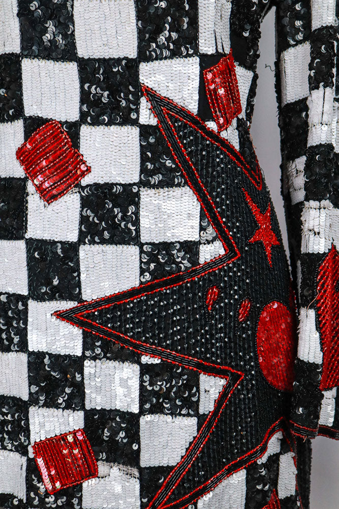 Ella Singh for Escada 1990s Couture Limited Edition Sequin Star and Checkered Cocktail Dress