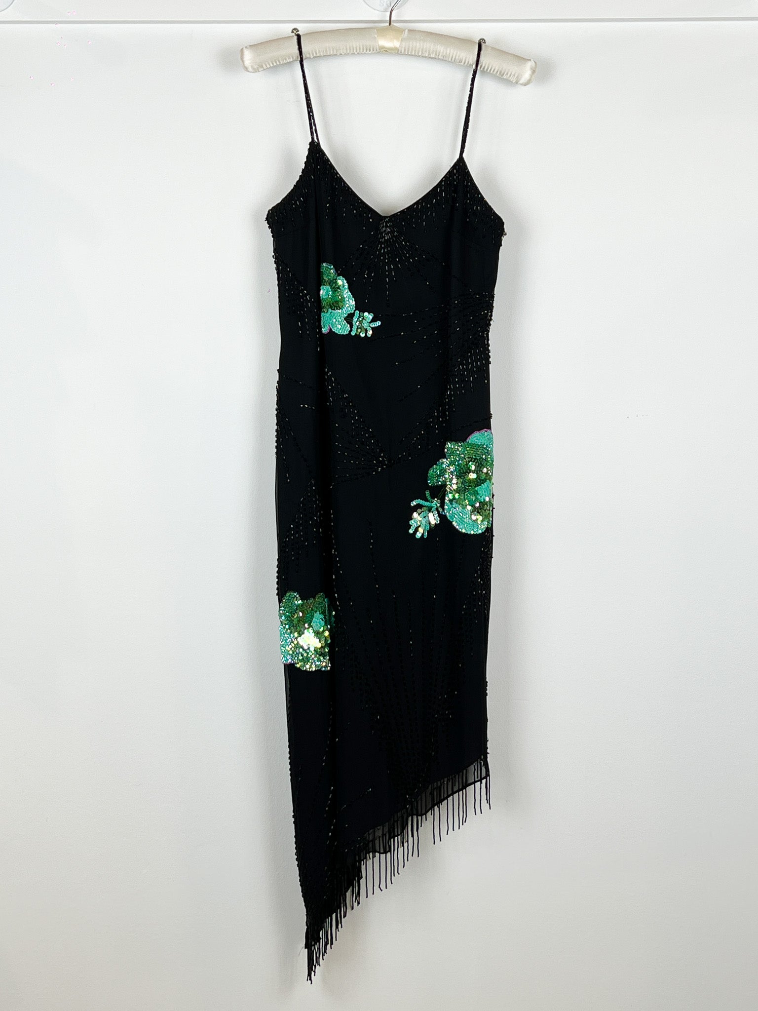 Mariella Burani 1990s Black Silk Beaded Sequin Floral Asymmetric Fringe Slip Dress - S