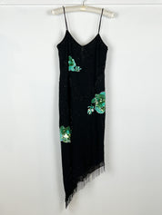 Mariella Burani 1990s Black Silk Beaded Sequin Floral Asymmetric Fringe Slip Dress - S