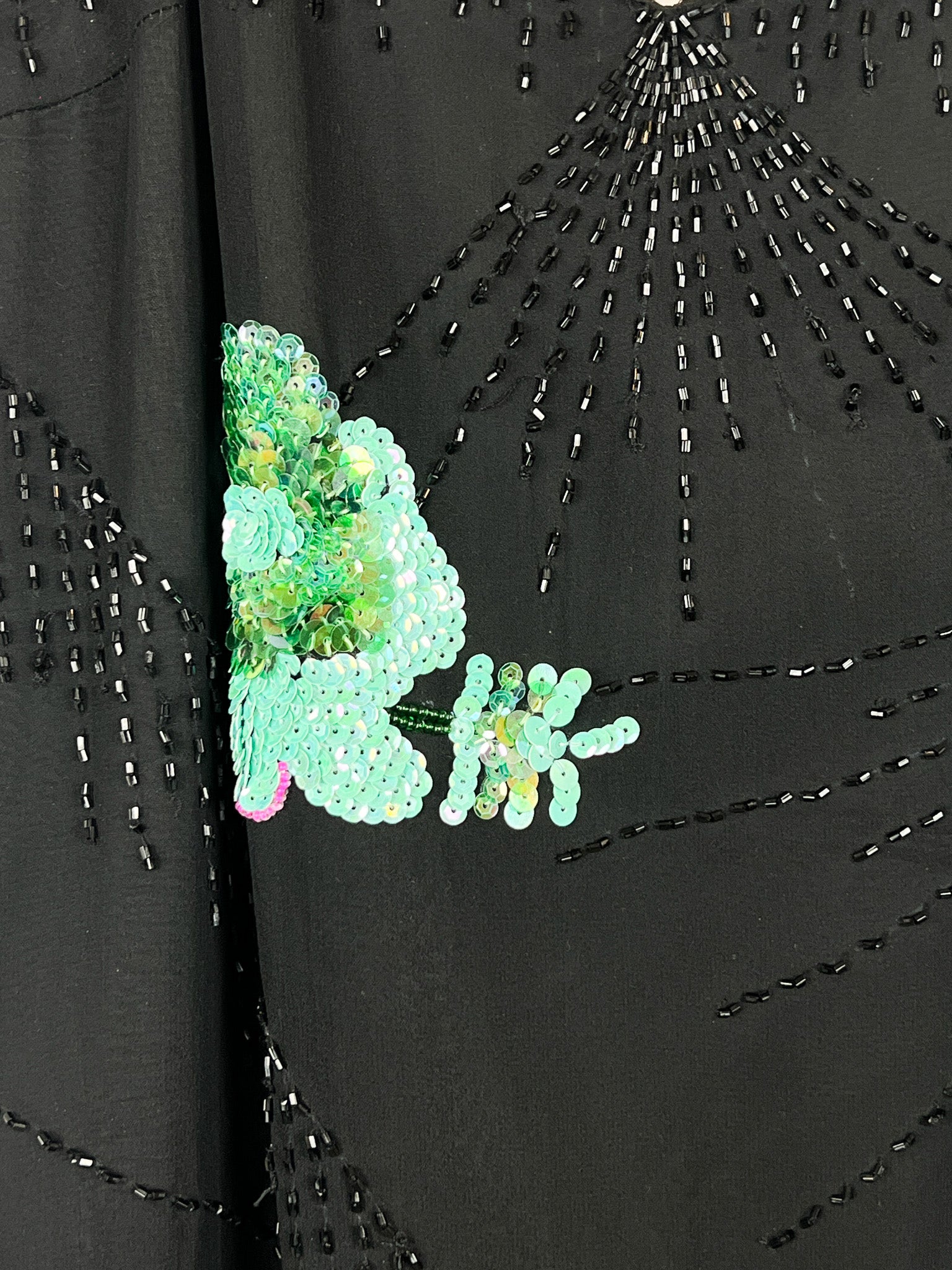 Mariella Burani 1990s Black Silk Beaded Sequin Floral Asymmetric Fringe Slip Dress - S