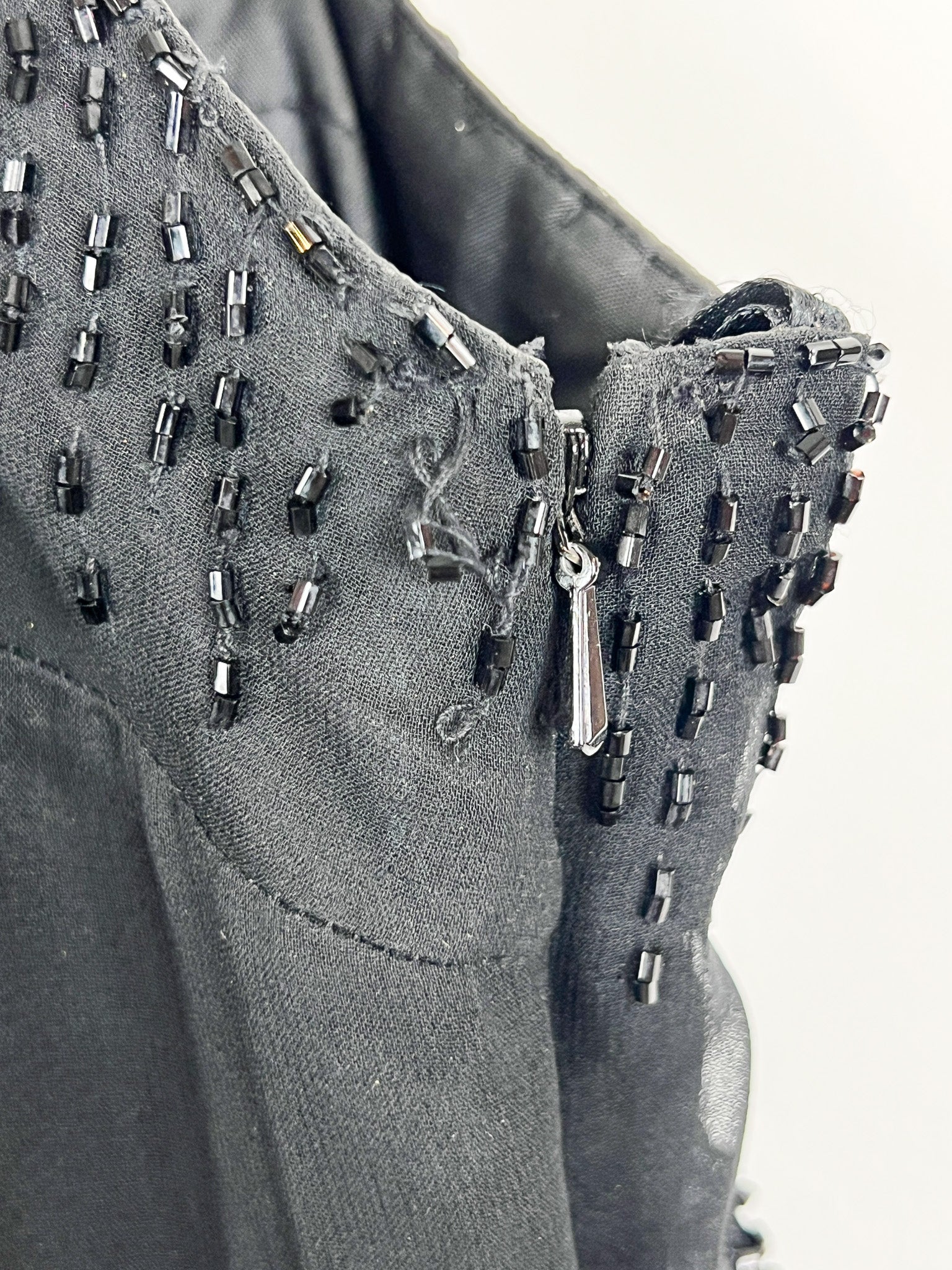 Mariella Burani 1990s Black Silk Beaded Sequin Floral Asymmetric Fringe Slip Dress - S