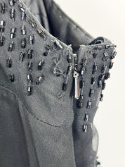 Mariella Burani 1990s Black Silk Beaded Sequin Floral Asymmetric Fringe Slip Dress - S