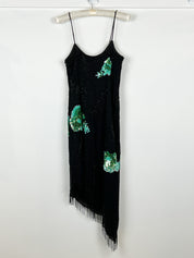 Mariella Burani 1990s Black Silk Beaded Sequin Floral Asymmetric Fringe Slip Dress - S