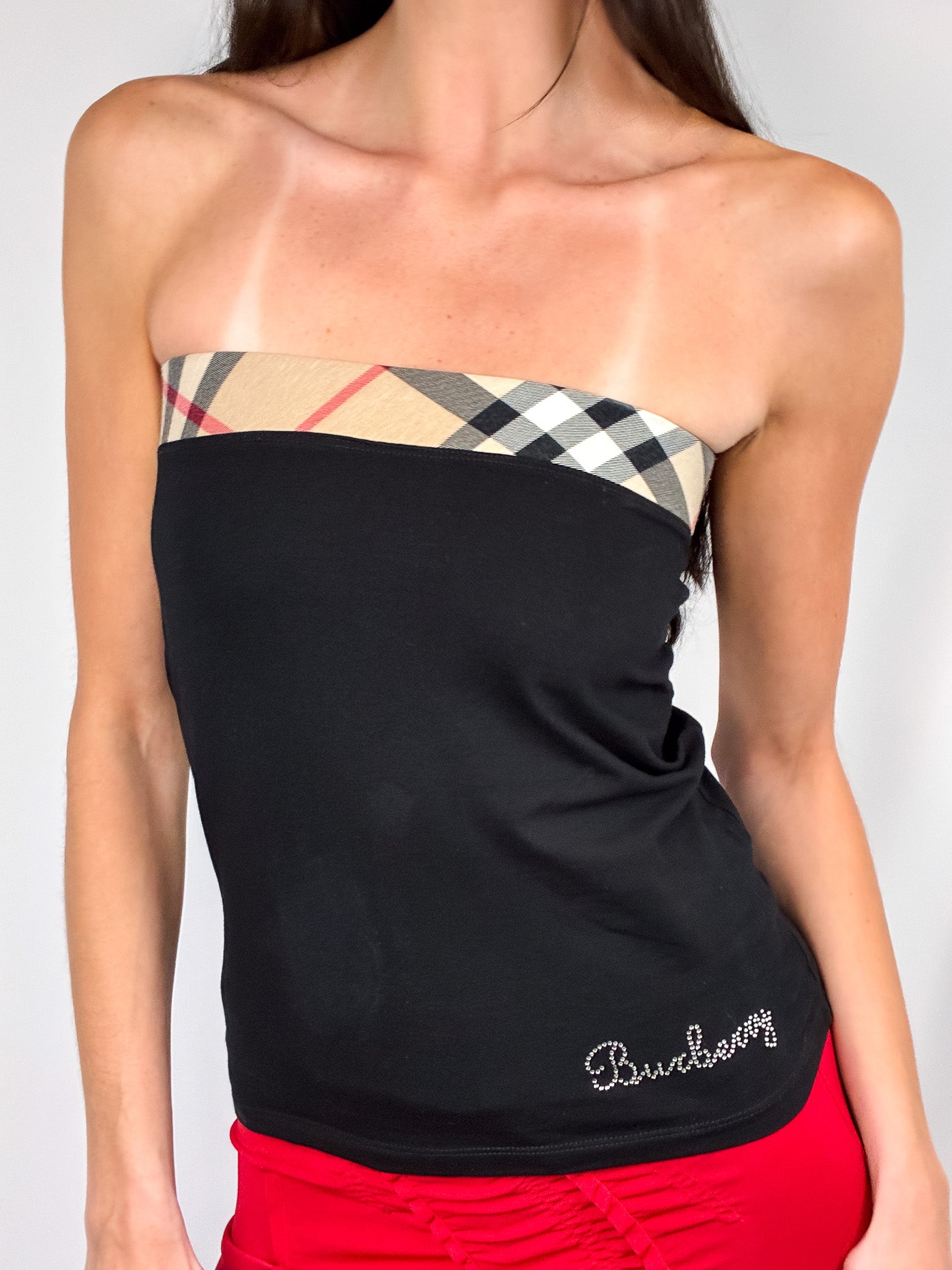 Burberry 2000s Nova Check Rhinestone Logo Tube Top - S/M