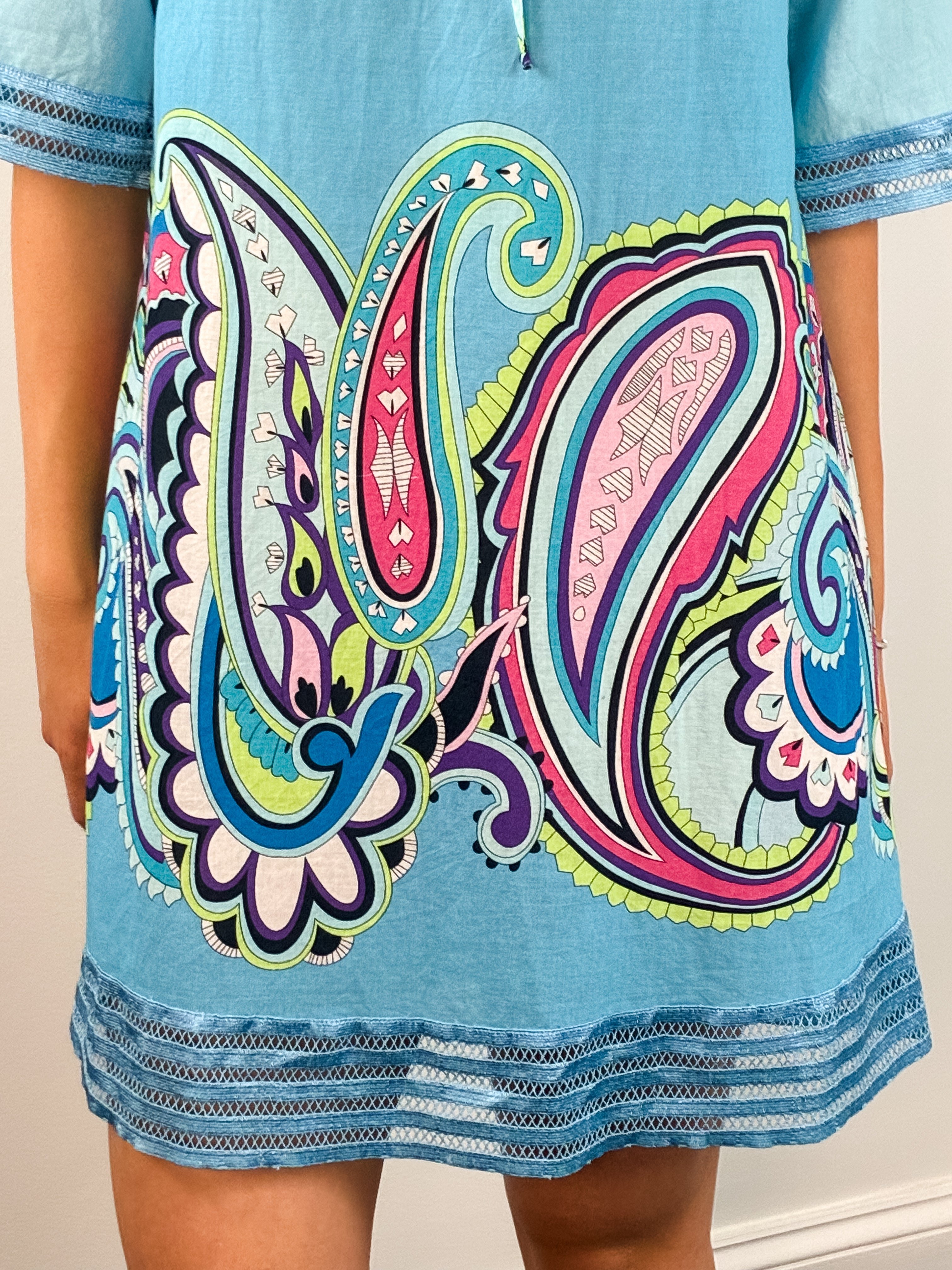 Rosapois Blue Paisley Print Cotton Mini Dress - S/M