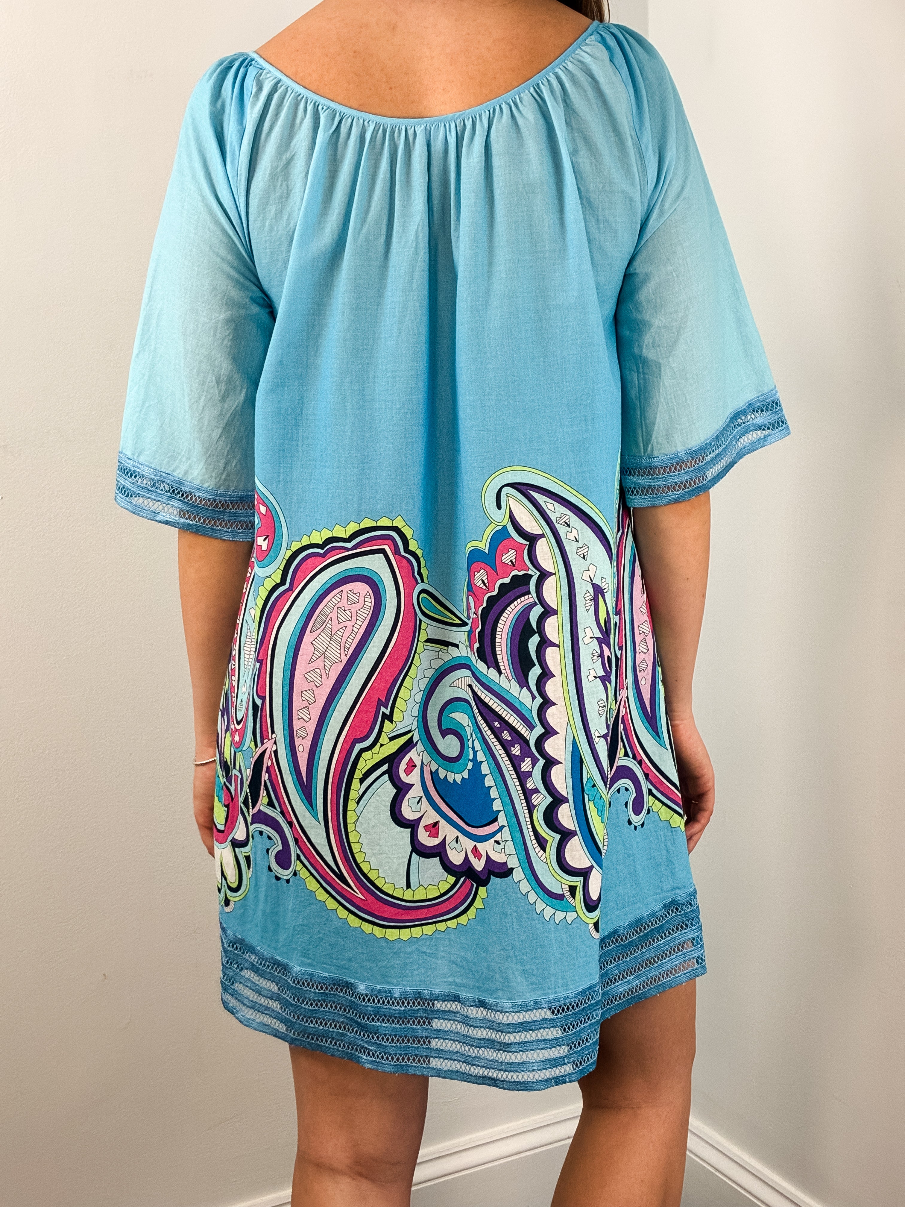 Rosapois Blue Paisley Print Cotton Mini Dress - S/M