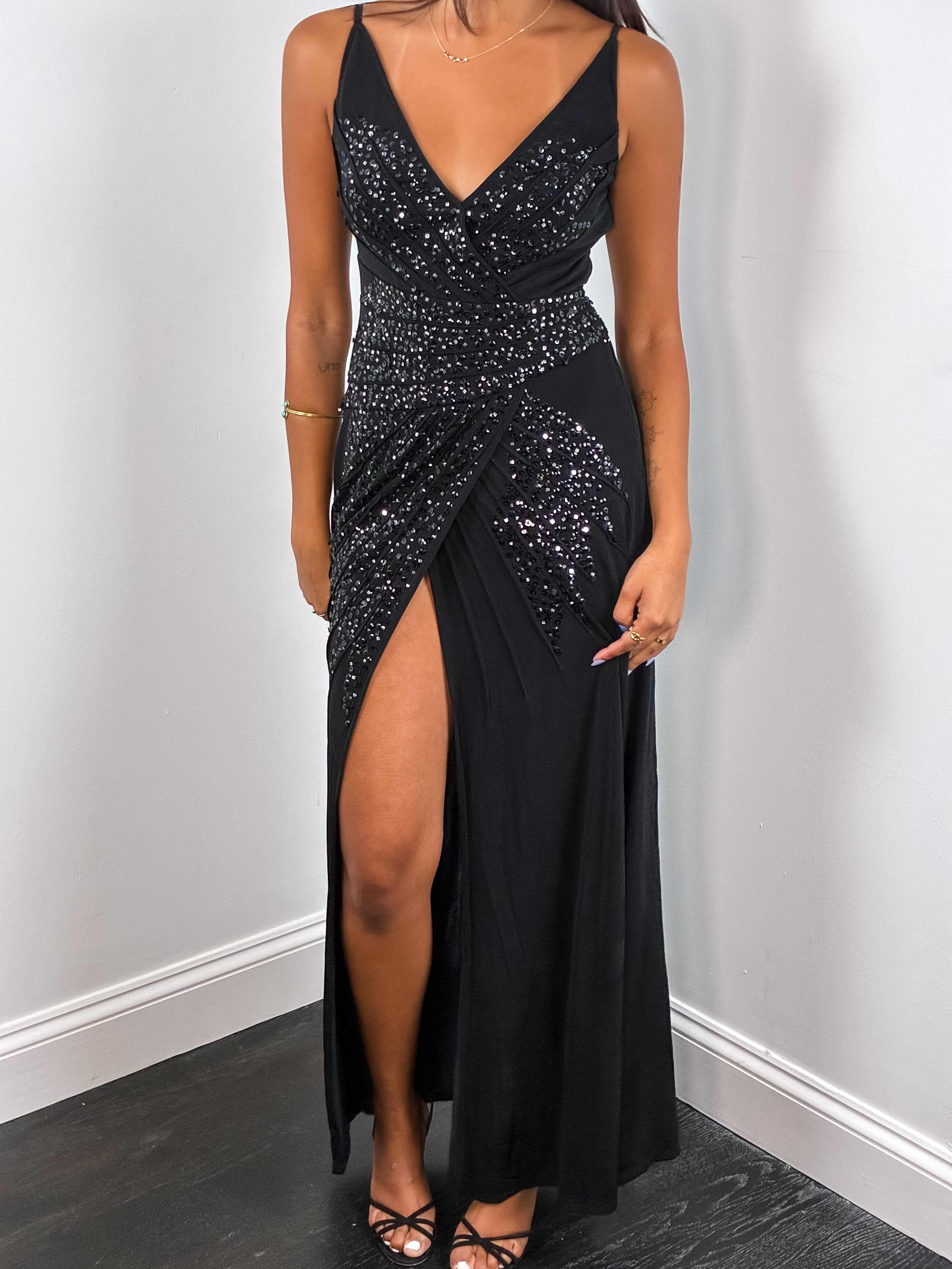 Class Roberto Cavalli 2000s Black Sequin Beaded Slit Gown - XS/S