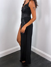 Class Roberto Cavalli 2000s Black Sequin Beaded Slit Gown - XS/S