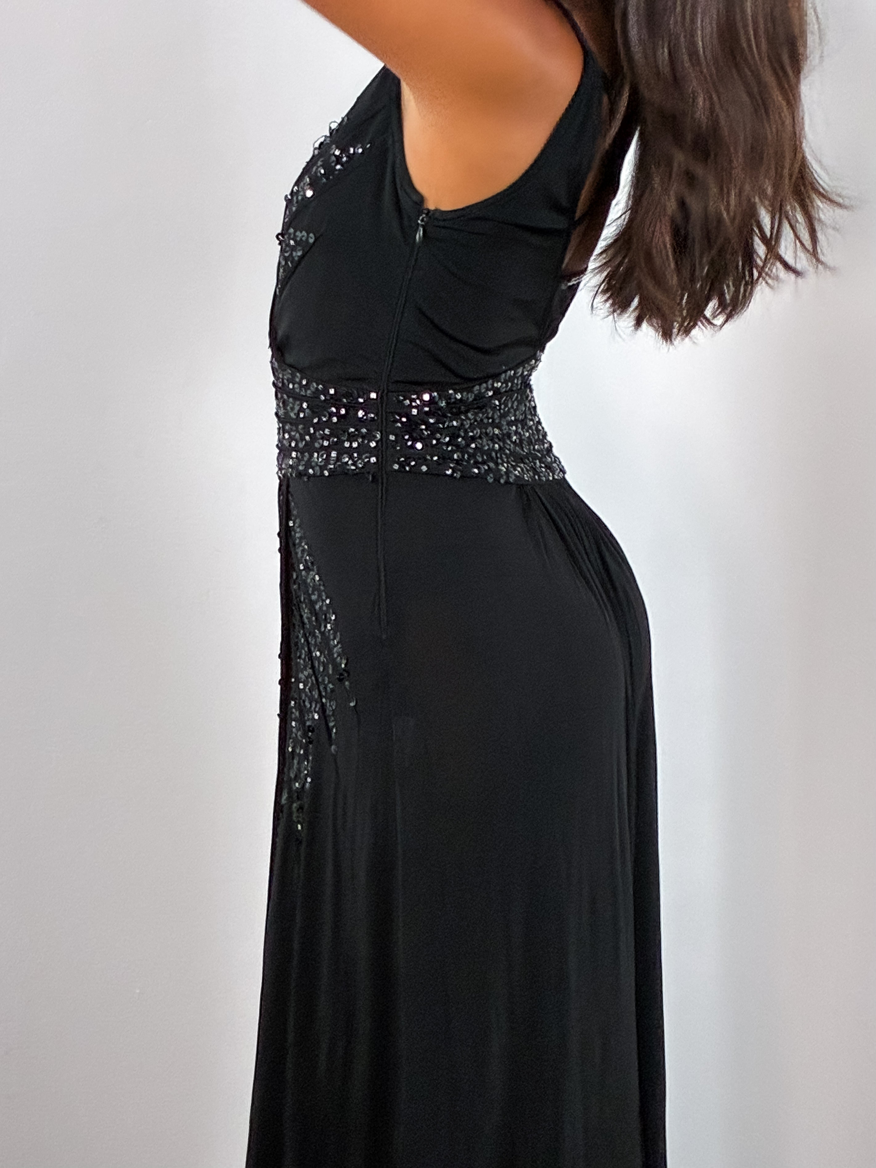 Class Roberto Cavalli 2000s Black Sequin Beaded Slit Gown - XS/S
